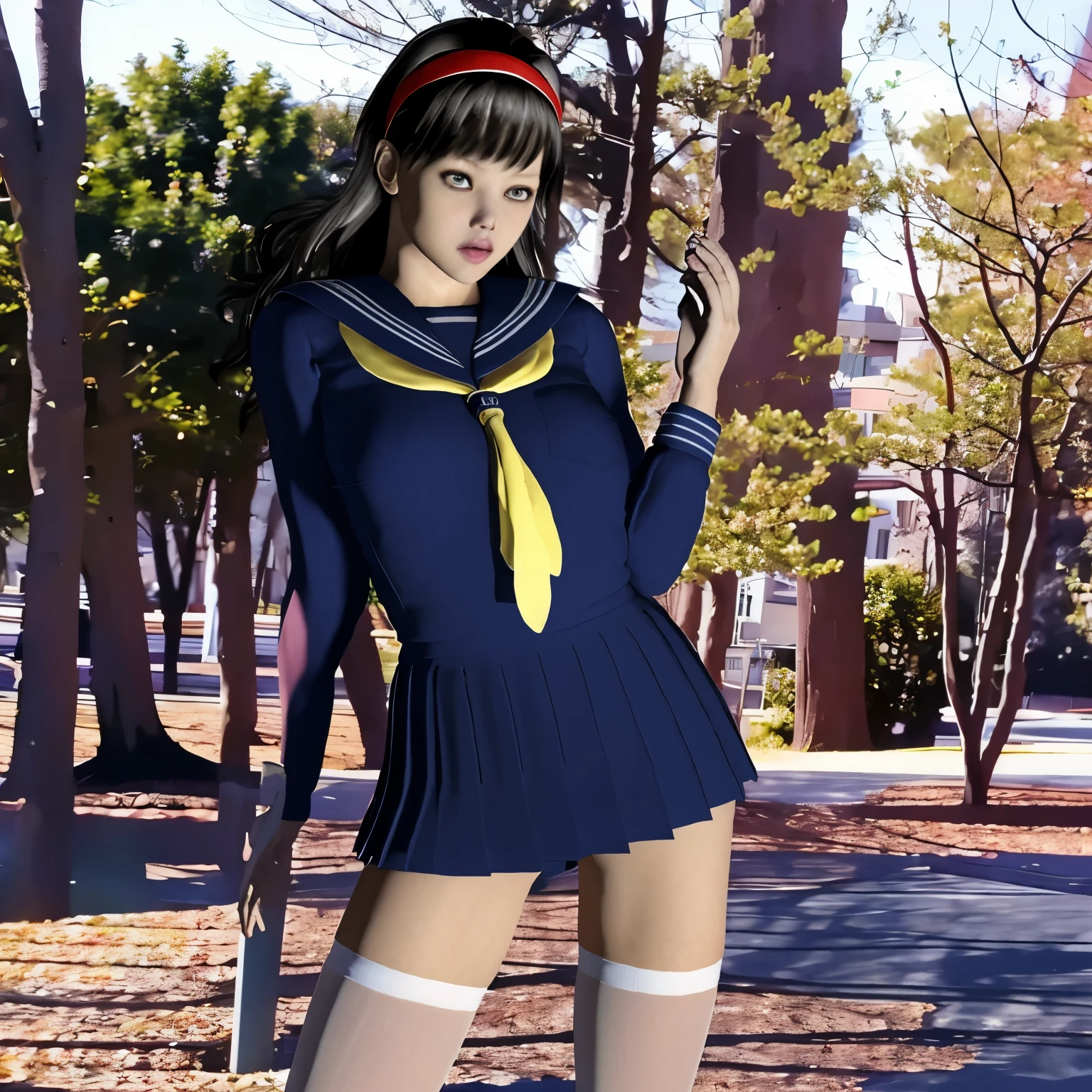 realistic, highest quality, 1 female, mature, ((blush)), Sweat, Santa Cap, blonde bob hair, (8K, highest quality, masterpiece:1.2), (realistic, photo-realistic:1.37), Super detailed,highest quality, ultra high resolution, professional lighting, photon mapping, radio city, Physically based rendering, cinematic lighting, midnight road,Depth of written boundary, sharp focus, light, good composition,(beautiful thighs) 1 girl,alone,(whole body), ((high school girl sailor suit、navy knee socks)),fine and beautiful eyes, temporarily stop, tight waist,Japanese high school girl, black hair,messy hair,long hair fluttering in the wind,(Ulzzang-6500:1.2) mix 4,