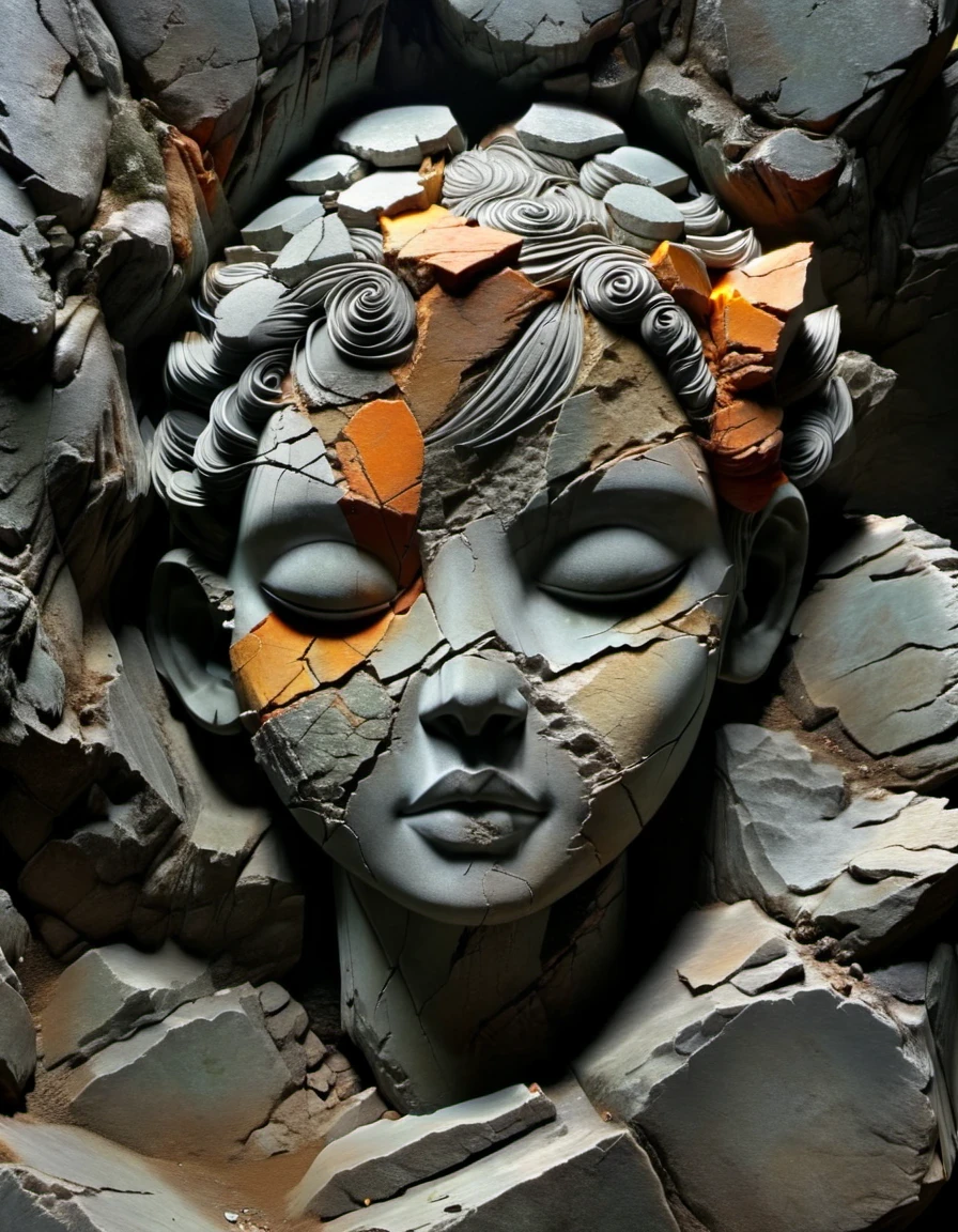 in style of Patchwork  ,digital art of A stone carving of a girl's head, ancient rhyme in four colors (black, orange, brown and gray), mottled and plain, rough outside and fine inside, dirty and clean inside, carved inside, damaged rock, shabby, irregular, spliced stone, rock background, rock statue, by Li Mei-shu, beautiful depiction, mysterious ceramic statue, centered portrait,,Matte Painting,Rock Art,Assemblage ,Figurine,Hardstone Carving,Puppet,Sculpture,Unreal engine,octane render,rendered in octane,Close-Up(CU),medium close up,Hand Painted