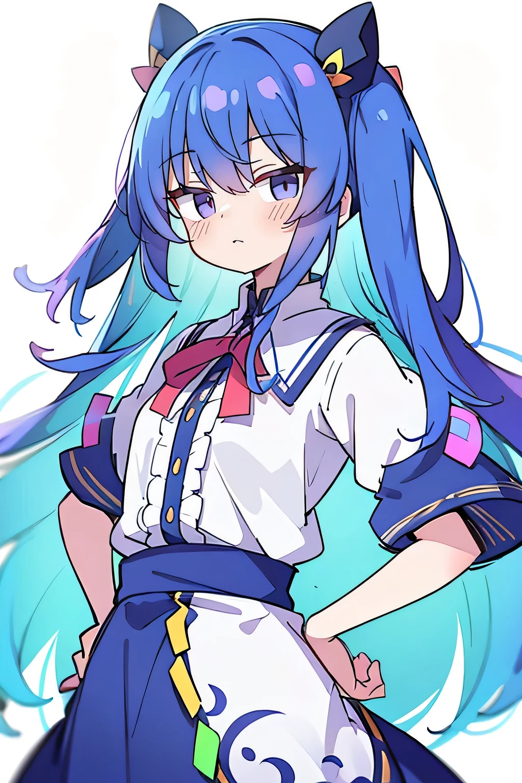 (masterpiece),best quality, expressive eyes, perfect face, 1girl,
 Put your hands on your waist,fair, Gorgeous,Japanese cartoons,girl,lola,Hina Angel, blue hair, blue haired, floating clothes,Grab your waist, Grab your waist, hands on hips , hands on hips,flat chest