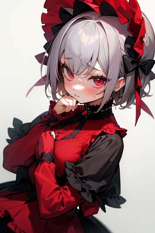 short gray hair, blush, Gothic Lolita、punk fashion、Headbang 2.、Red clothes、