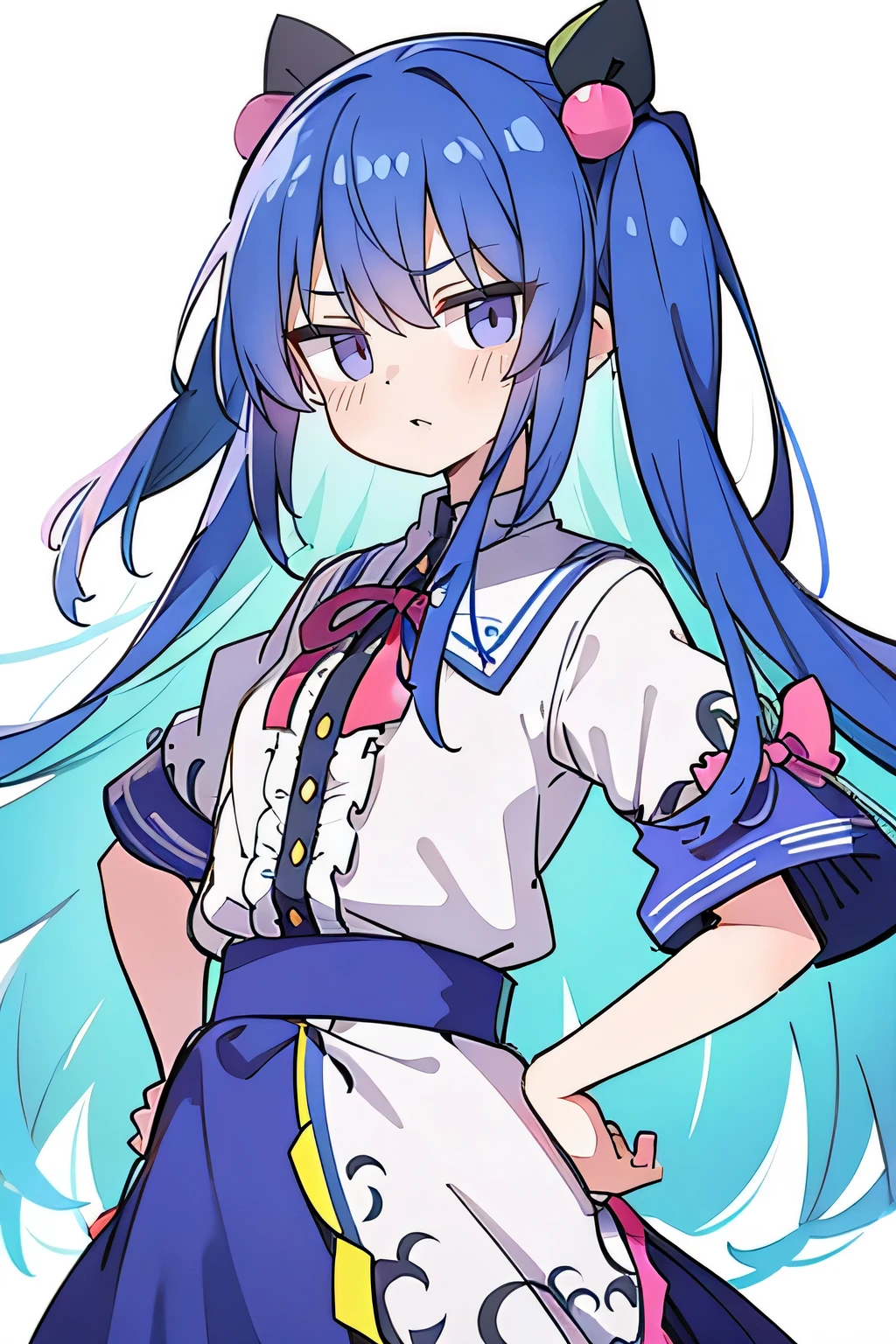 (masterpiece),best quality, expressive eyes, perfect face, 1girl,
 Put your hands on your waist,fair, Gorgeous,Japanese cartoons,girl,lola,Hina Angel, blue hair, blue haired, floating clothes,Grab your waist, Grab your waist, hands on ???? , hands on ????,flat ?????