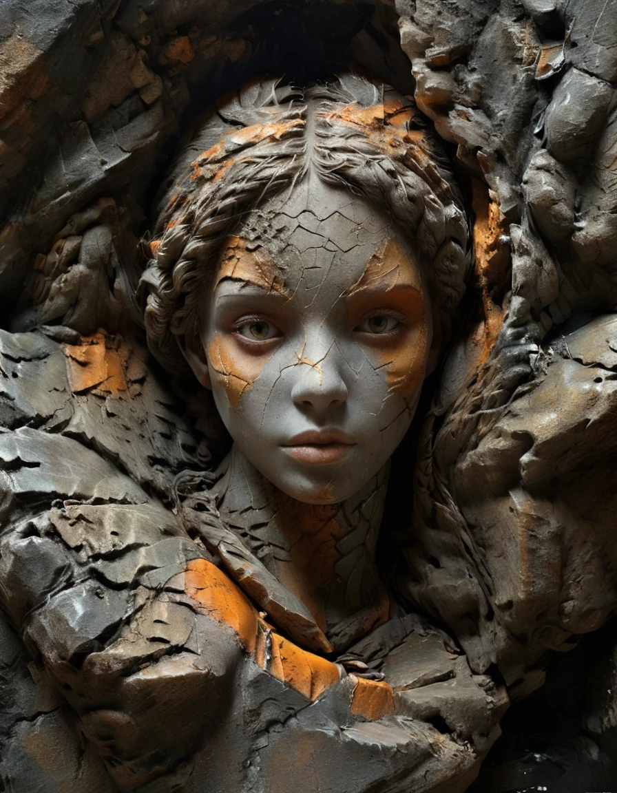 digital art of A stone carving of a girl's head, ancient rhyme in four colors (black, orange, brown and gray), mottled and plain, rough outside and fine inside, dirty and clean inside, carved inside, damaged rock, shabby, irregular, spliced stone, rock background, rock statue, by Li Mei-shu, beautiful depiction, mysterious ceramic statue, centered portrait,,Matte Painting,Rock Art,Assemblage ,Figurine,Hardstone Carving,Puppet,Sculpture,Unreal engine,octane render,rendered in octane,Close-Up(CU),medium close up,Hand Painted