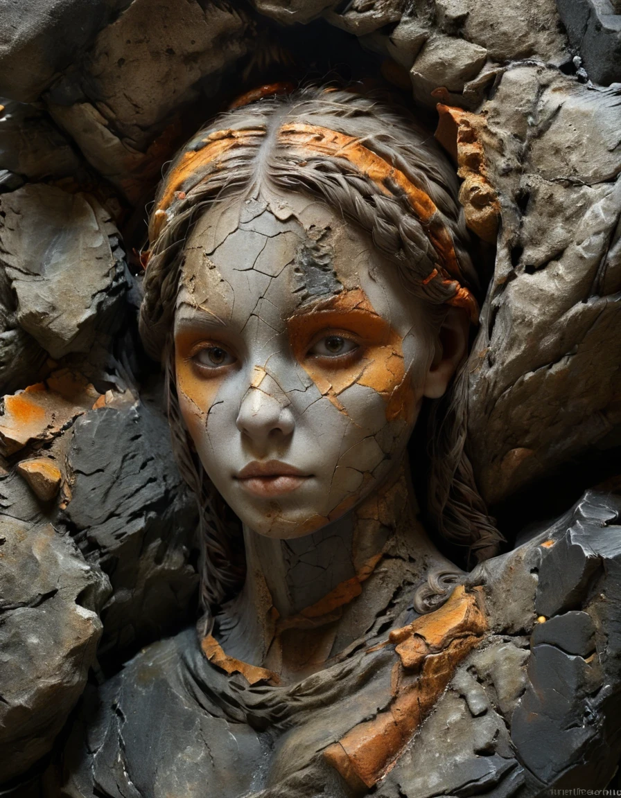 digital art of A stone carving of a girl's head, ancient rhyme in four colors (black, orange, brown and gray), mottled and plain, rough outside and fine inside, dirty and clean inside, carved inside, damaged rock, shabby, irregular, spliced stone, rock background, rock statue, by Li Mei-shu, beautiful depiction, mysterious ceramic statue, centered portrait,,Matte Painting,Rock Art,Assemblage ,Figurine,Hardstone Carving,Puppet,Sculpture,Unreal engine,octane render,rendered in octane,Close-Up(CU),medium close up,Hand Painted