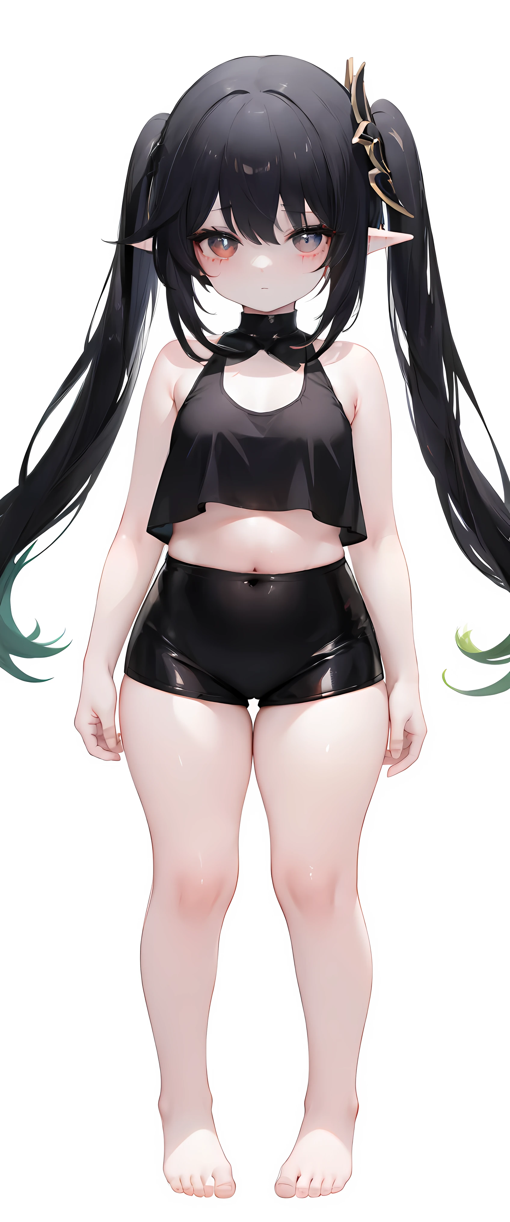 ,,cute,black hair,thick thigh ,short leather pants,black mini camisole, thick thighs,flat chest,black color tank top,black mini camisole,crop top, Nahida, loli,ild,fhest,fullbody, thick thighs, blushing,loli,, standing straight, head to toe capture on the frame,loli,, toes,bare feet,, ,white background, cute,open abdomen,perfect body ratio, body ratio, white background, front facing, looking at viewer, ,, baby girl