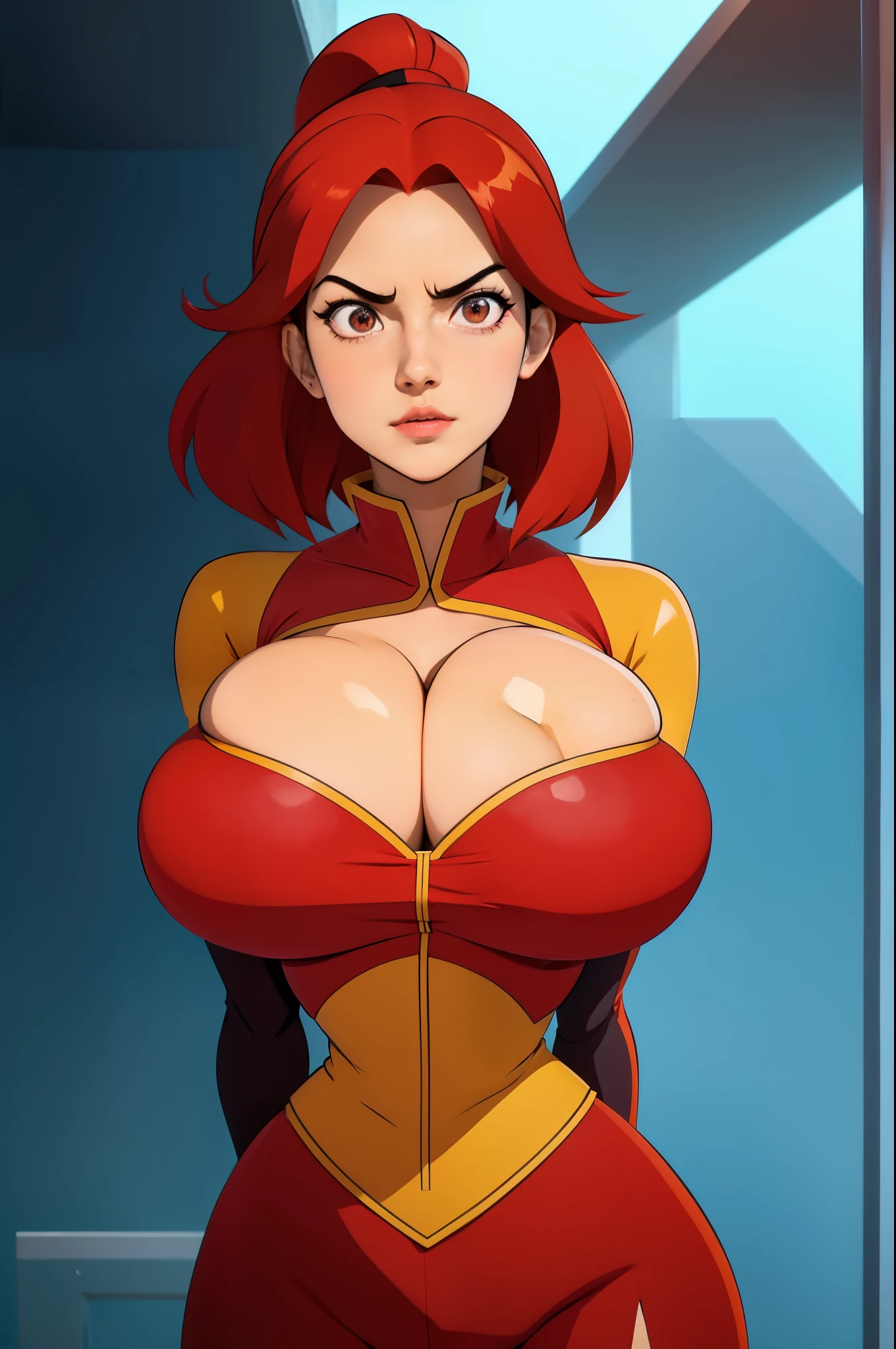 a giant woman in a busted and ripped red bodysuit, massive bulging breasts, bright red hair, Emma Watson inspired face, seductive girl, oppai, badass anime 8 k, oppai, extremely detailed artgerm, beautiful alluring anime woman, best anime 4k konachan wallpaper, anime cover, 4k anime wallpaper, anime style 4 k