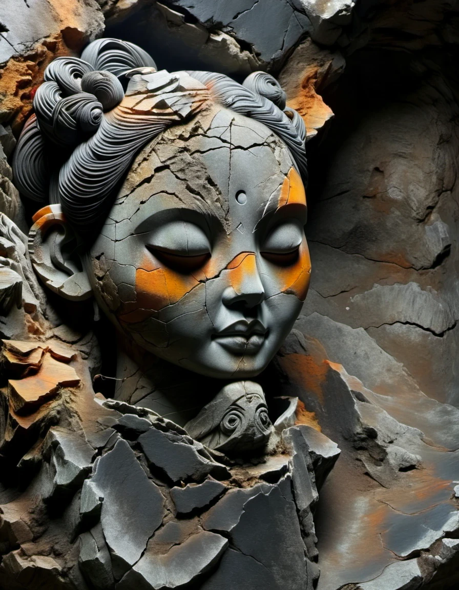 digital art of A stone carving of a Chinese girl's head, ancient rhyme in four colors (black, orange, brown and gray), mottled and plain, rough outside and fine inside, dirty and clean inside, carved inside, damaged rock, shabby, irregular, spliced stone, rock background, rock statue, by Li Mei-shu, beautiful depiction, mysterious ceramic statue, centered portrait,,Matte Painting,Rock Art,Assemblage ,Figurine,Hardstone Carving,Puppet,Sculpture,Unreal engine,octane render,rendered in octane,Close-Up(CU),medium close up,Hand Painted