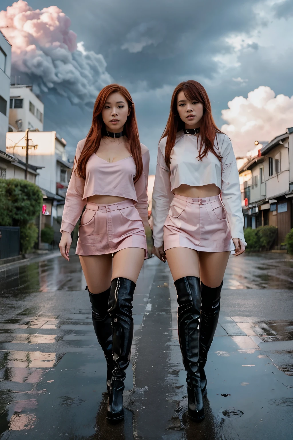 Two Sexy redhead nude japanese girls in a Girls world only walking exploration wearing only Black over-the-knee high heels boots and a dog collar. Rain. Pink clouds. Red streets. White buildings.
