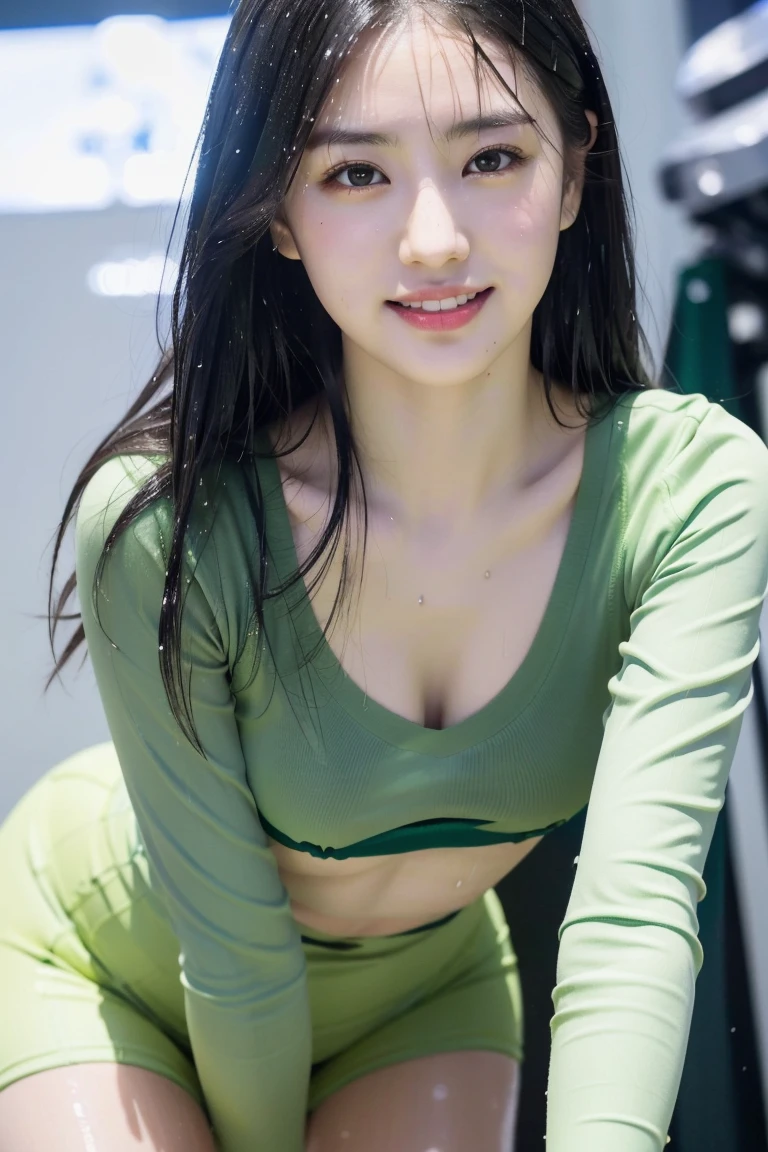 (8K), (highest quality: 1.2), (realistic), (realistic: 1.37), ultra high resolution, (1 girl, cute, smile, closed mouth, thick lips,red lip,beautiful details, beautiful nose, (straight black hair), smooth hair,giant dulcefo, self snap,(low rise,Yellow green training spats:１.2),(Lime green training bra),(Natural Knee-High Tights:1.2),Model poses at the motor show,Standing,(Close up on wet thighs:1.2),(Medium Shot:1.2),