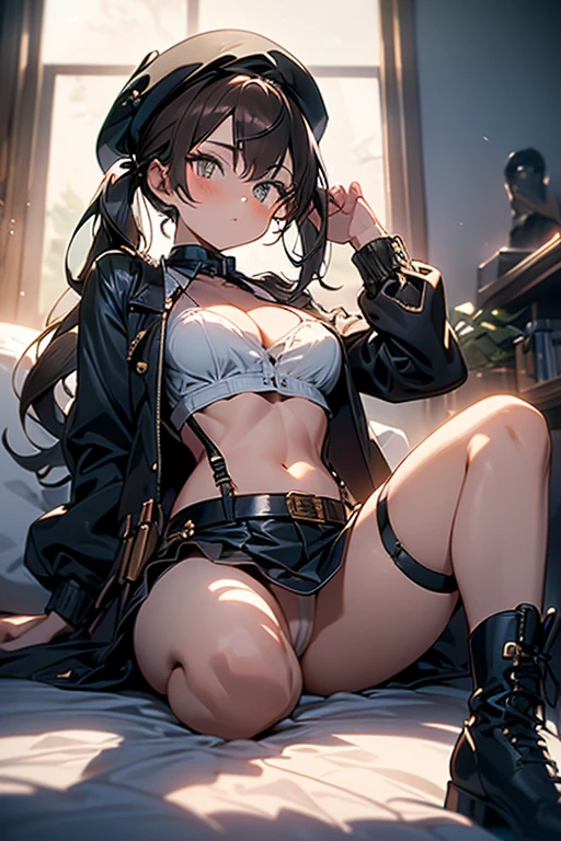 ubel,dark green hair,long hair,side ponytail,hair between eyes,bangs, (beret, black jacket, open clothes, cleavage, midriff, (Make the subject look three-dimensional with the contrast of light and shadow),Cute and beautiful 22yo girl,(masterpiece:1.2), best quality, high resolution, unity 8k wallpaper, (illustration:0.8), (beautiful detailed eyes:1.6), extremely detailed face, perfect lighting, extremely detailed CG, (perfect hands, perfect anatomy),(brown eyes: 1.1),Brown hair,watching at viewers,black suspenders,(Bulging ,big breasts:1.1),tacticul jacet,Black miniskirt,garters,Gaze,Small face,bangss,holster,Belt Armament,Beautuful Women srestrained,hands up,sitting Lying in bed,Leg holster ,Gaze,black boots,panty shot, extremely detailed face, perfect lighting, extremely detailed CG,