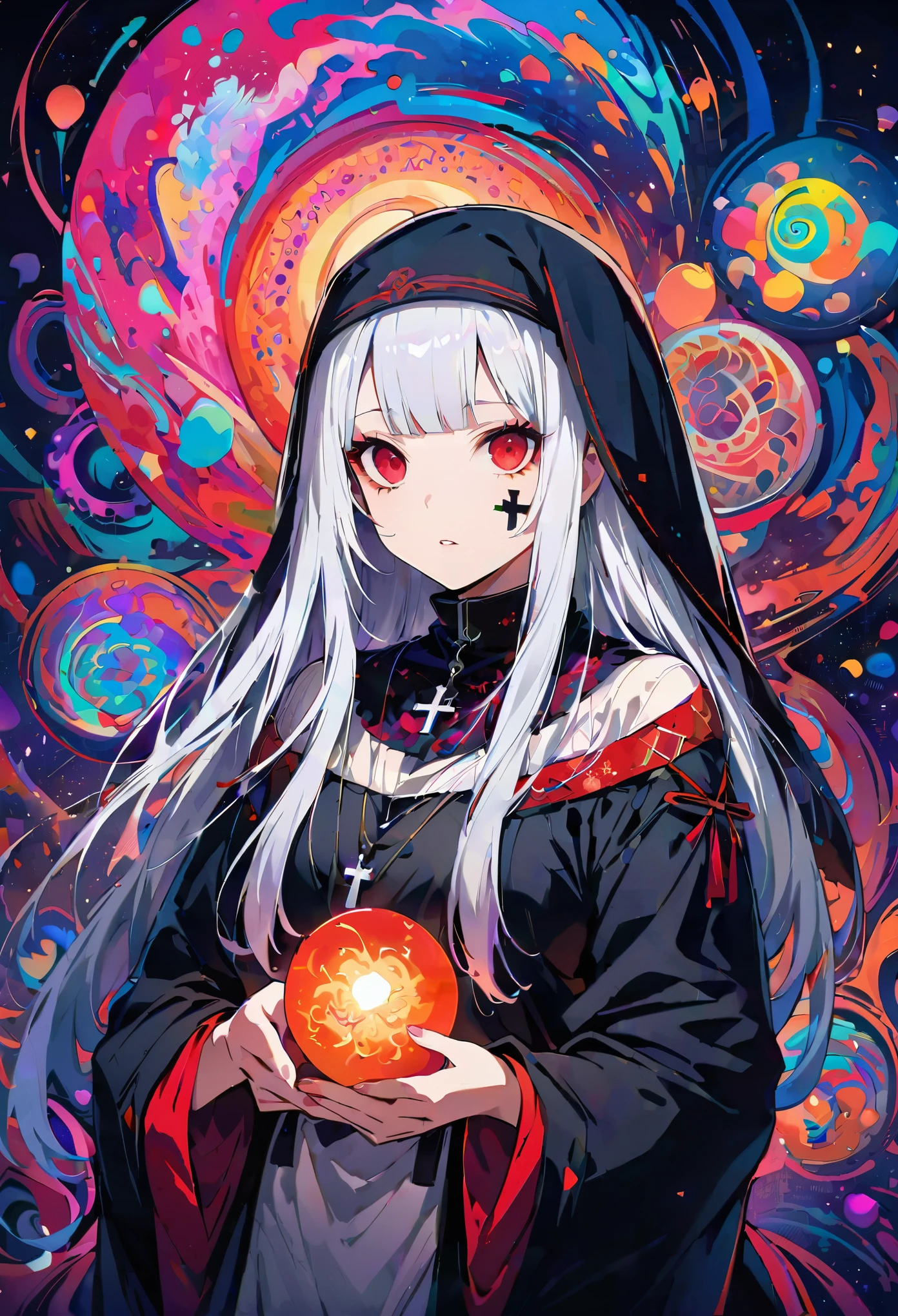 realist, (masterpiece, top quality, best quality, official art, beauty, Atmospheric, cosmic, Gothic, Psychedelic, dreamlike, fear, Tokyo Ghoul and Devil May Cry style: 1.2), Very detailed, fractal art, Gorgeous, More detail, Zentangle, (abstract background: 1.5) (1 Chico: 1.3), , Onikaku, long White hair, hair, (bright red eyes, face tattoo), mystery, dark magic, (nun), (Black gauze bandana), (Cross necklace), Japanese folk style