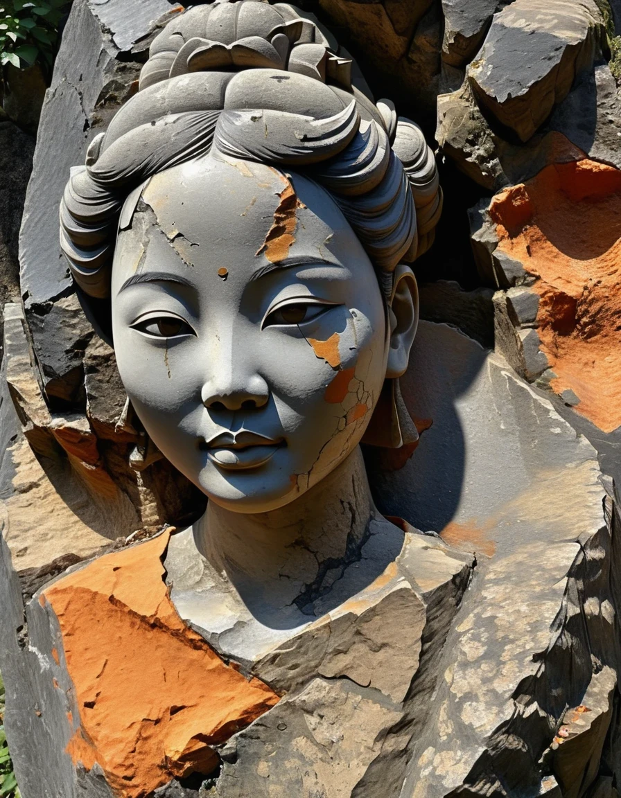 digital art of A stone carving of a Chinese girl's head, ancient rhyme in four colors (black, orange, brown and gray), mottled and plain, rough outside and fine inside, dirty and clean inside, carved inside, damaged rock, shabby, irregular, spliced stone, rock background, rock statue, by Li Mei-shu, beautiful depiction, mysterious ceramic statue, centered portrait,,Matte Painting,Rock Art,Assemblage ,Figurine,Hardstone Carving,Puppet,Sculpture,Unreal engine,octane render,rendered in octane,Close-Up(CU),medium close up,