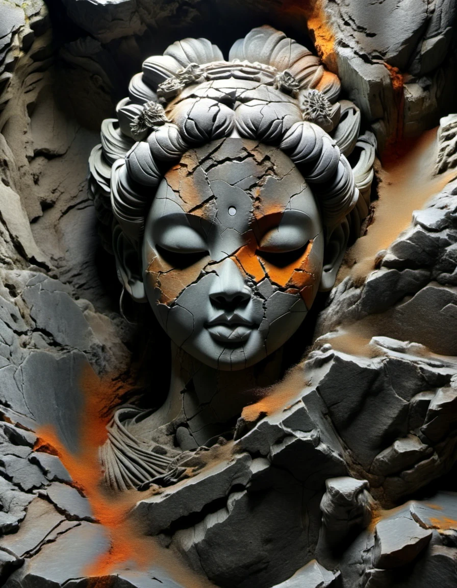 digital art of A stone carving of a Chinese girl's head, ancient rhyme in four colors (black, orange, brown and gray), mottled and plain, rough outside and fine inside, dirty and clean inside, carved inside, damaged rock, shabby, irregular, spliced stone, rock background, rock statue, by Li Mei-shu, beautiful depiction, mysterious ceramic statue, centered portrait,,Matte Painting,Rock Art,Assemblage ,Figurine,Hardstone Carving,Puppet,Sculpture,Unreal engine,octane render,rendered in octane,Close-Up(CU),medium close up,