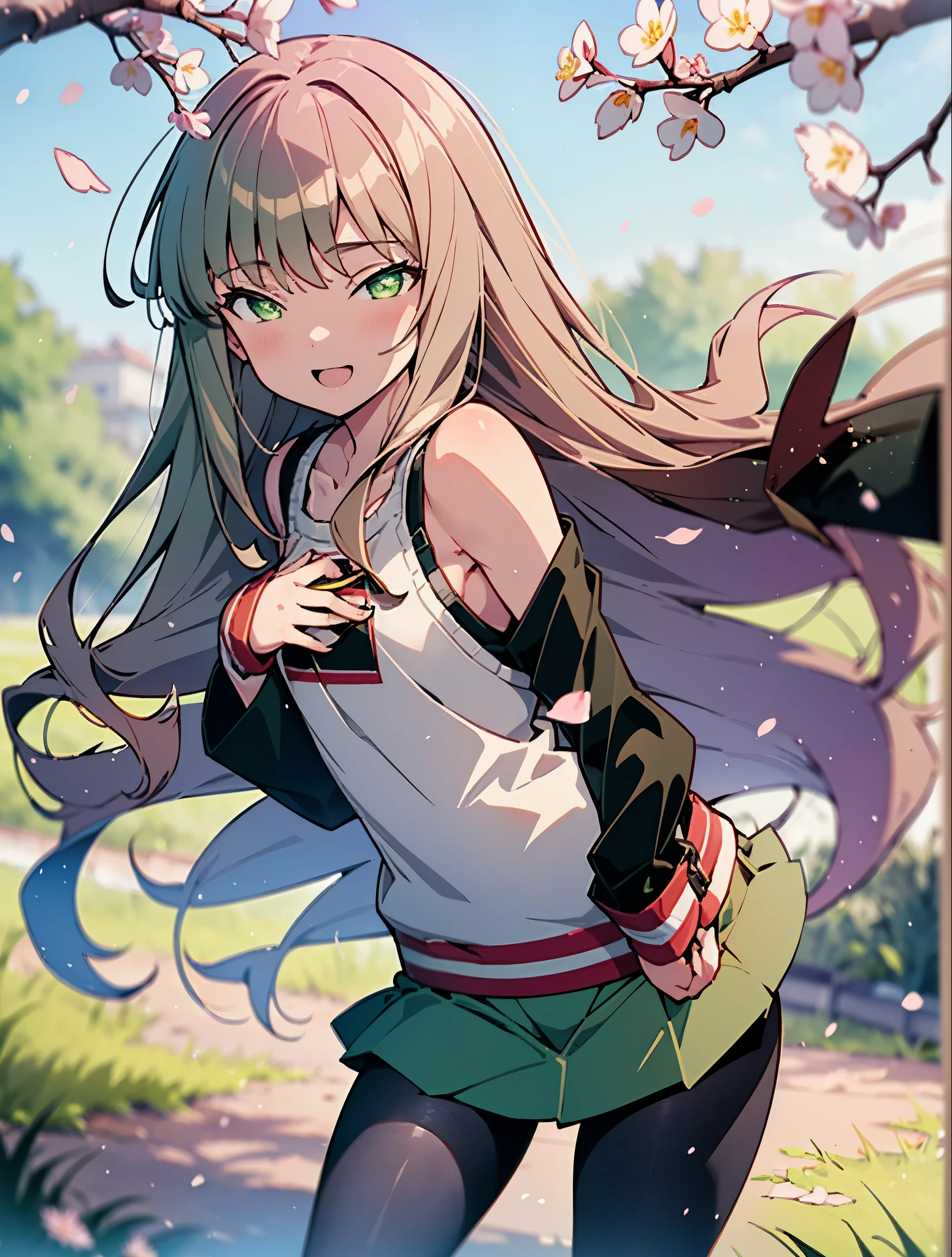 Yume minami ,South　Dream buds, long hair, brown hair, (Green eyes:1.5) (medium chest:1.2),happy smile, smile, open your mouth,skirt,off shoulder sweater,bare shoulders,bare clavicle,naked neck,short denim pants,black pantyhose,short boots,cherry blossoms are blooming,Cherry blossoms are scattered,Cherry blossom tree-lined path,
break looking at viewer,whole body,(cowboy shot:1. 5)
break outdoors, garden,
break (masterpiece:1.2), highest quality, High resolution, unity 8k wallpaper, (figure:0.8), (detailed and beautiful eyes:1.6), highly detailed face, perfect lighting, Very detailed CG, (perfect hands, perfect anatomy),