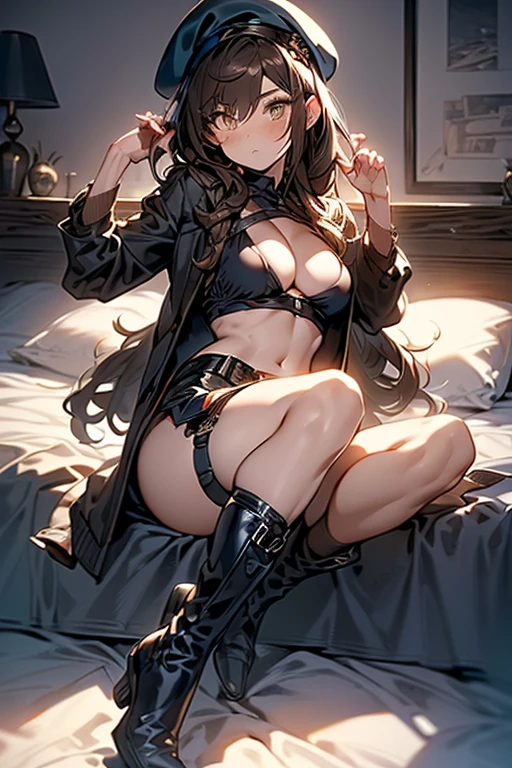 ubel,dark green hair,long hair,side ponytail,hair between eyes,bangs, (beret, black jacket, open clothes, cleavage, midriff, (Make the subject look three-dimensional with the contrast of light and shadow),Cute and beautiful 22yo girl,(masterpiece:1.2), best quality, high resolution, unity 8k wallpaper, (illustration:0.8), (beautiful detailed eyes:1.6), extremely detailed face, perfect lighting, extremely detailed CG, (perfect hands, perfect anatomy),(brown eyes: 1.1),Brown hair,watching at viewers,black suspenders,(Bulging ,big breasts:1.1),tacticul jacet,Black miniskirt,garters,Gaze,Small face,bangss,holster,Belt Armament,Beautuful Women srestrained,hands up,sitting Lying in bed,Leg holster ,Gaze,black boots,panty shot, extremely detailed face, perfect lighting, extremely detailed CG,