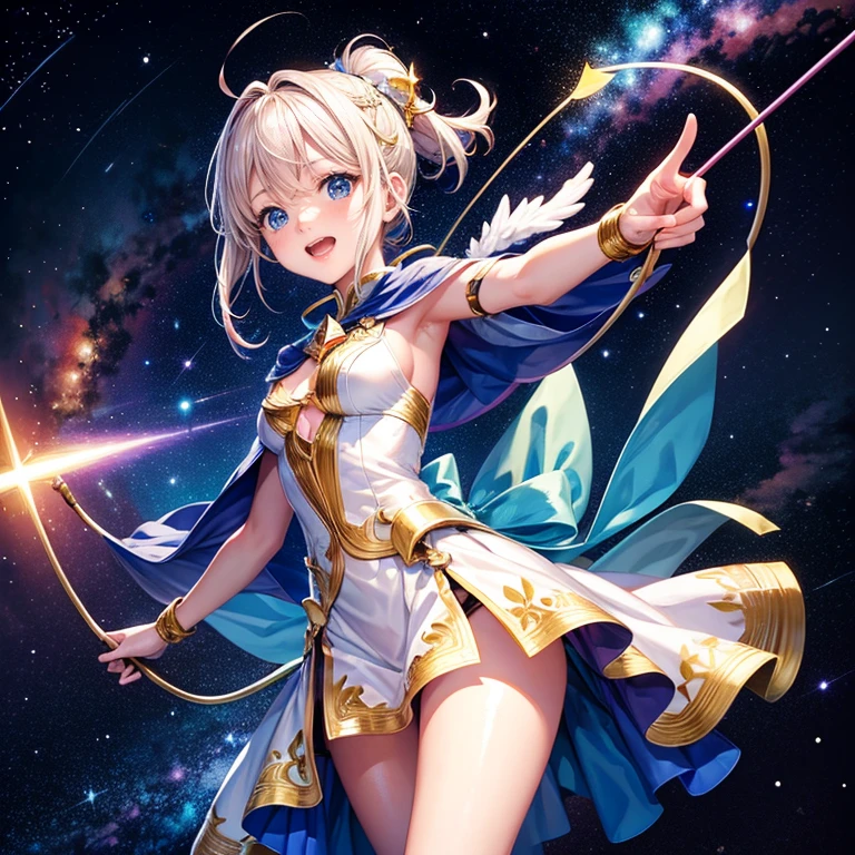 Galactic Angel, A bow made from galactic energy、An arrow made of galactic energy, Readying a bow and arrow made of the galaxy,Arrow firing pose, The arrow flies like a shooting star, Detailed view of the universe and galaxies