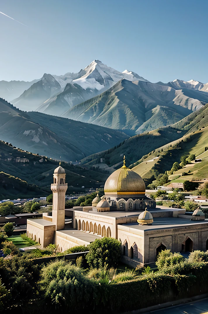 generate image of big mosque, clear sky, left side is hills, right side mountaineries