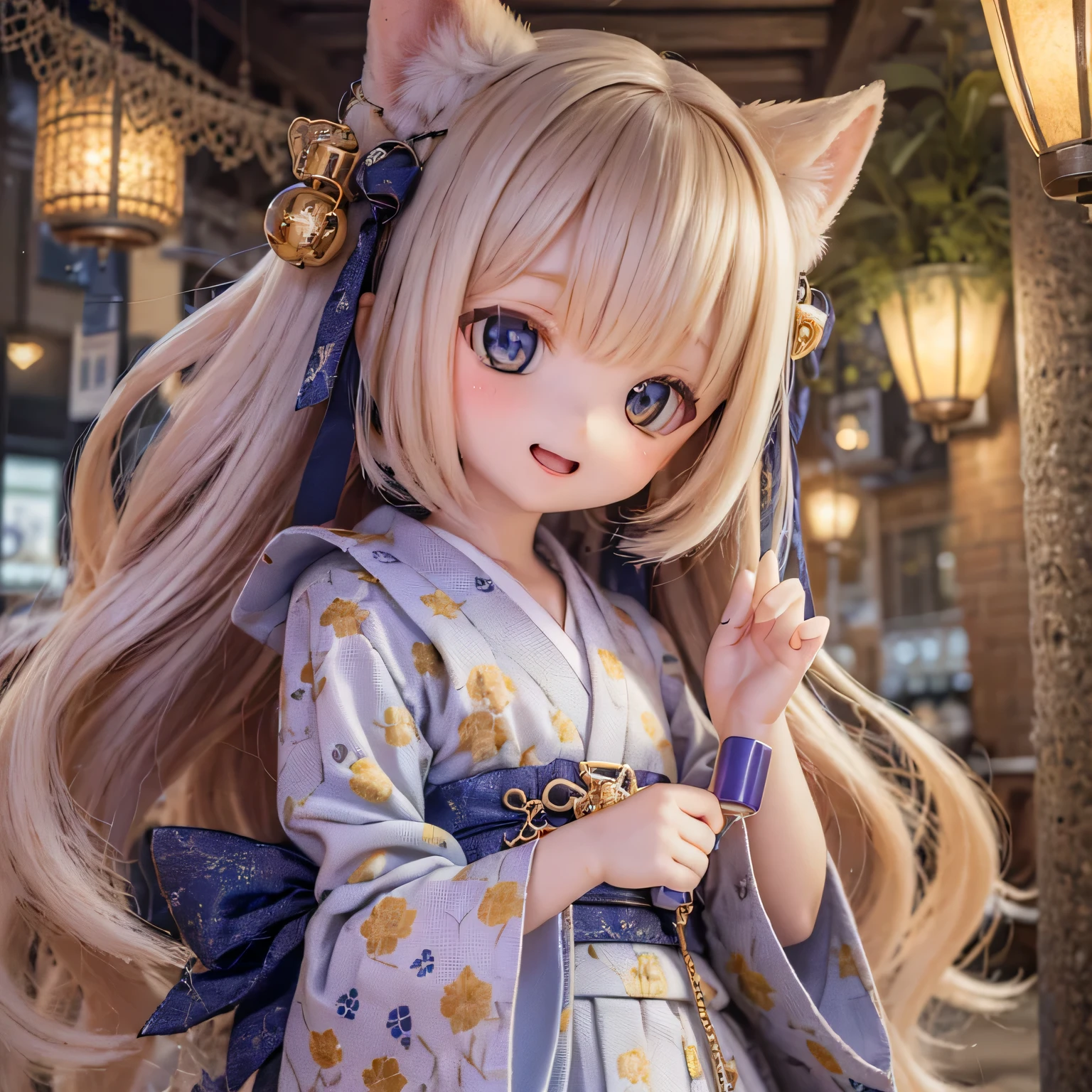 "(best quality,ultra-detailed),chibi ermine girl,adorable kawaii,yukata,playful,smiling,expressive eyes,soft pastel colors,with cute accessories,sparkling fireworks,floating lanterns,traditional Japanese atmosphere"