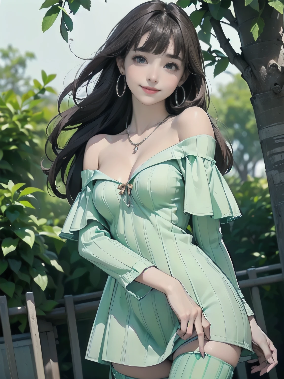 ((((highest quality))))、(((Ultra-precision CG16K wallpaper)))、(((masterpiece)))、(((Super detailed)))、(((super extreme details)))、((1people's women:1.5))、Mature 24 year old woman、((Japanese face))、((very beautiful face))、((Mai Shiraishi:1.5))、((straight semi-long hair、blunt bangs:1.5))、(shiny brown hair)、beautiful delicate eyes、brown eyes、raised eyebrows、high nose、small nostrils、small mouth、seductive lips、beautiful breasts、((C cup size breasts))、cleavage、plump body、(Chubby body type)、perfect proportions、perfect anatomy、perfect composition、beautiful detailed shading、beautiful natural lighting、beautiful detail glow、Depth of the bounds written、(((High chroma)))、(((real:1.9)))、((vivid:1.5))、((edge:1.6))、((beautiful skin))、((skin texture))、((realな皮膚感))、(((thigh-high cowboy shot:1.8)))、((Front view、Low - Angle:1.8))、((shy smile:1.5))、(Eyes looking at me:1.5)、Bright daylight、Natural light、(((Outdoor park:1.5)))、(standing pose:1.5)、(((Mint green off-shoulder ribbed mini dress:1.6)))、((earrings、wearing necklace:1.3))、