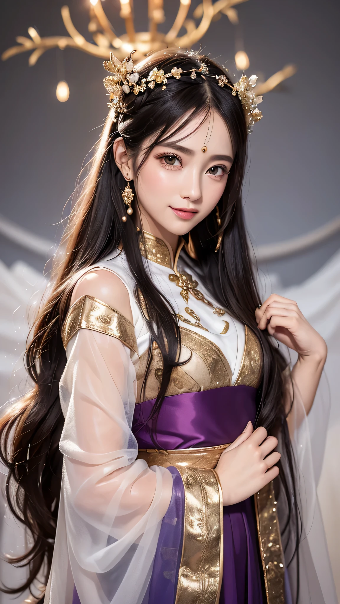 bright purple taoist robe, hanfu long skirt, Big eyes, The absolute beauty of a masterpiece, 1 female, close. close, healing smile, snow scene, 4K quality, twisted braids, princess hair style princess cut, simple hair accessories, Plum blossom, Once people see that beauty, they can't forget it.