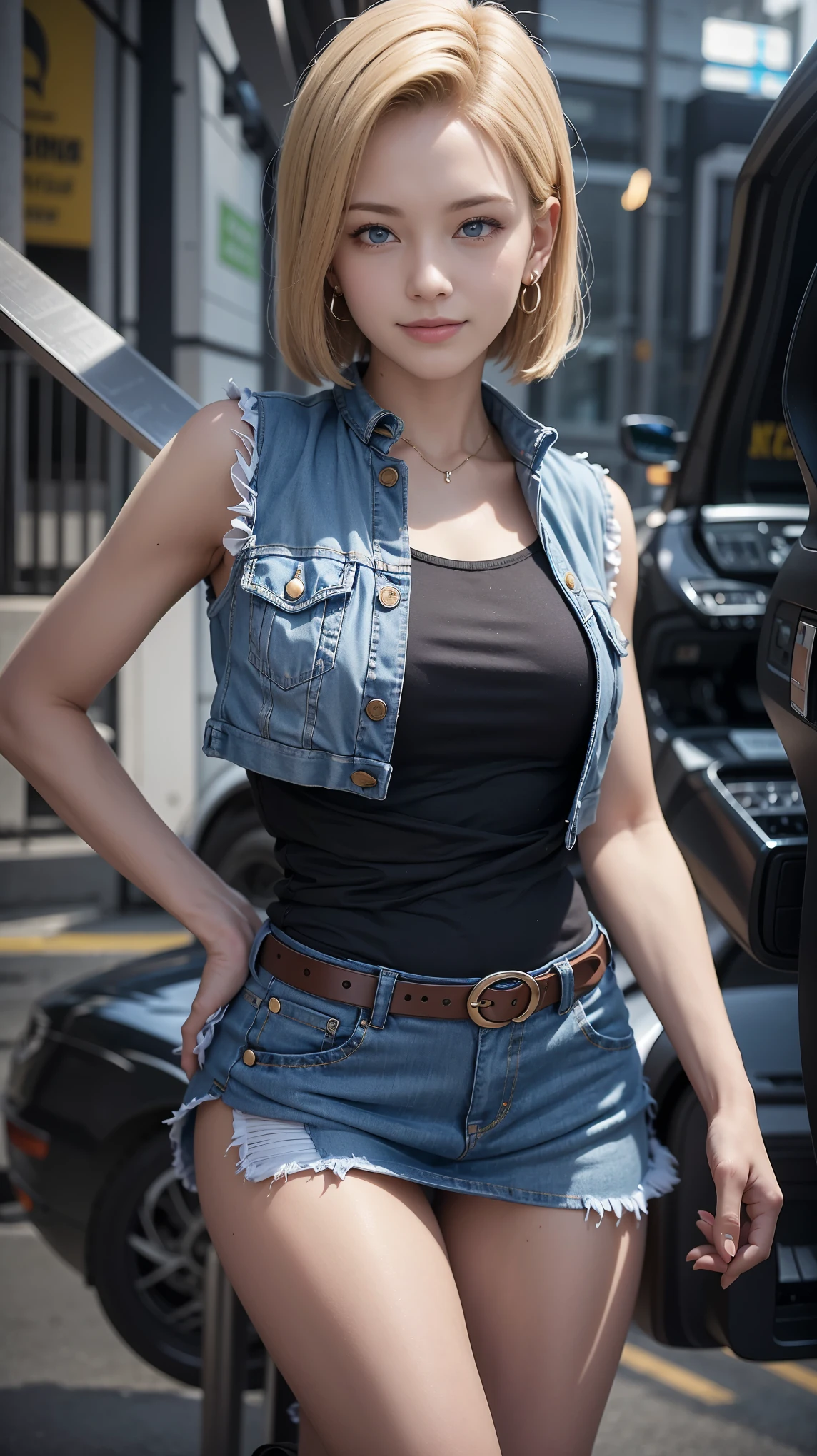 highest quality, High resolution, AND18, 1 girl, android 18, alone, blonde hair, blue eyes, short hair, cute smile,earrings, jewelry, denim dress, open vest, black sports bra, jeans miniskirt, blue mini skirt, small breasts, cowboy shot, she is wearing black short boots,street, (external expansion chest: 1.2),
