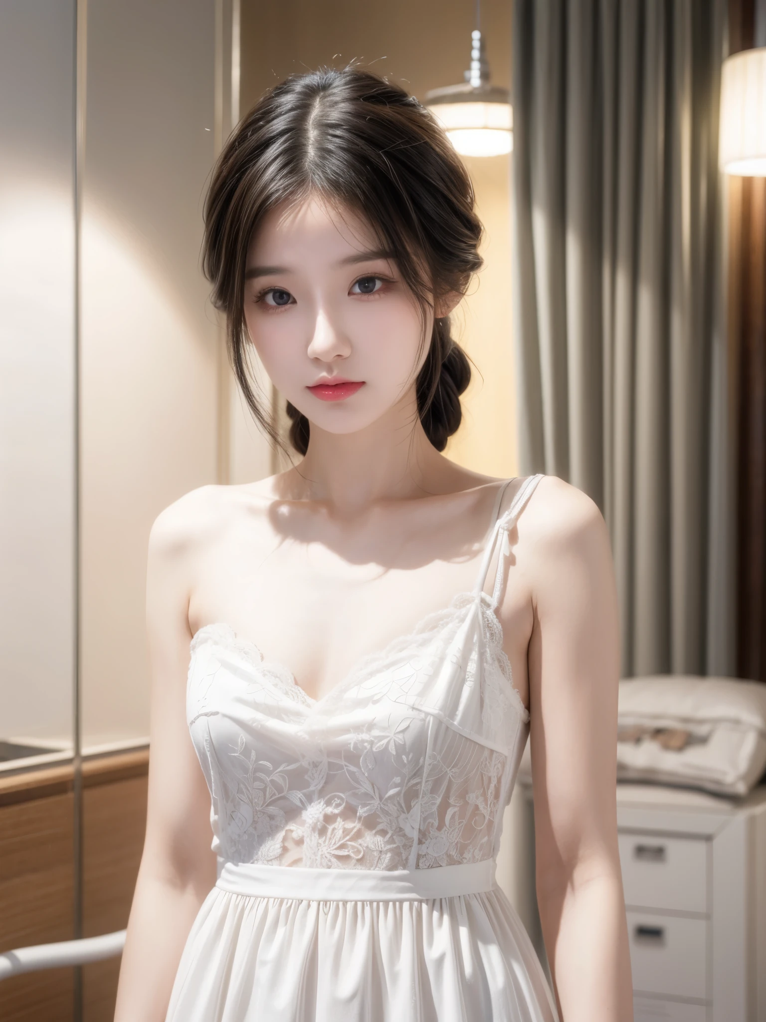 1girl,highres, high quality, masterpiece, mxmkWhiteDress, bare shoulder, purple eyes, white dress, braid