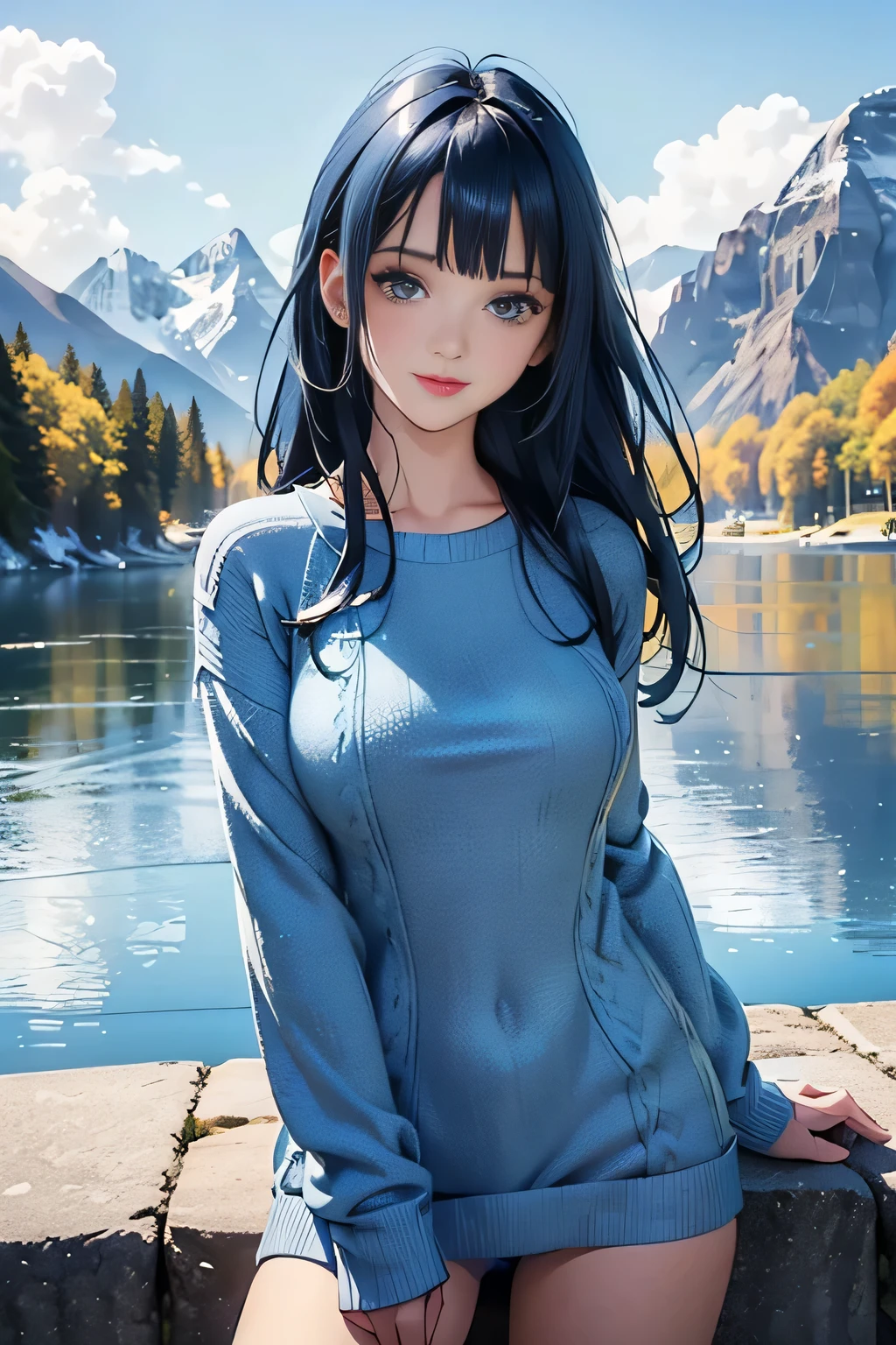 (Bright blue one piece sexy knit sweater),((1girl,cute,young,Semi long beautiful dark blue hair,blunt bangs,beautiful blue eyes)),(solo),((masterpiece, highest resolution,best quality)), (beautiful illustration),
(looking at the viewer), innocent smile,cinematic lighting,beautiful icy lake and mountains,flowers,trees,snow,blue sky