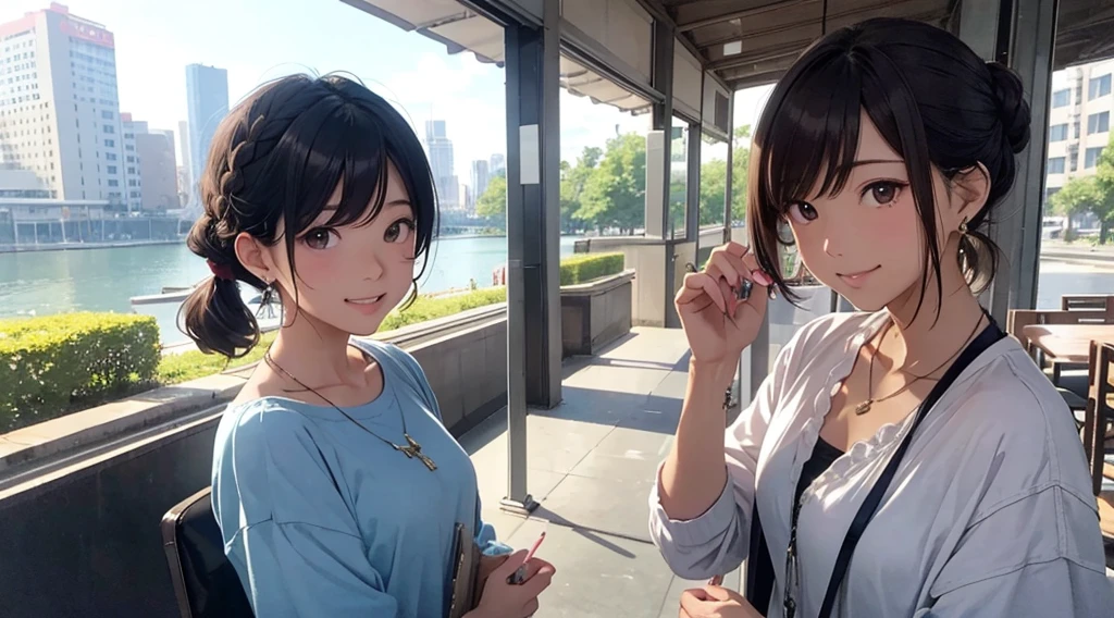 The season is spring、The time is noon、Skyscraper in the background、Park with fresh greenery、Multiple women in their 20s to 40s、office casual、whole bodyが写る、shy smile、Clench your teeth、grit your teeth、lip、cheek、Commemorative photo、Group photo、(flat color: 0.8)、(master piece: 1,2)、(master piece: 1,2)、high resolution、super high detail、highest quality、High resolution、Ultra-fine illustration、Makoto Shinkai style、your name is style、short bob、necklace、earrings、dynamic pose、selfie、whole body、brown hair、Braid、bun hair、ponytail･chignon hairstyle、necklace、Valletta、ribbon、earrings、nail polish。