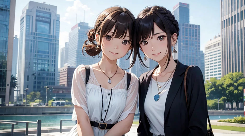 The season is spring、The time is noon、Skyscraper in the background、Park with fresh greenery、Multiple women in their 20s to 40s、office casual、whole bodyが写る、shy smile、Clench your teeth、grit your teeth、lip、cheek、Commemorative photo、Group photo、(flat color: 0.8)、(master piece: 1,2)、(master piece: 1,2)、high resolution、super high detail、highest quality、High resolution、Ultra-fine illustration、Makoto Shinkai style、your name is style、short bob、necklace、earrings、dynamic pose、selfie、whole body、brown hair、Braid、bun hair、ponytail・chignon hairstyle、necklace、Valletta、ribbon、earrings、nail polish。