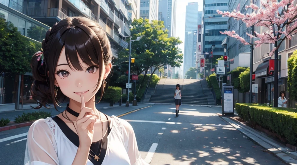 The season is spring、The time is noon、Skyscraper in the background、Park with fresh greenery、Multiple women in their 20s to 40s、office casual、whole bodyが写る、shy smile、Clench your teeth、grit your teeth、lip、cheek、Commemorative photo、Group photo、(flat color: 0.8)、(master piece: 1,2)、(master piece: 1,2)、high resolution、super high detail、highest quality、High resolution、Ultra-fine illustration、Makoto Shinkai style、your name is style、short bob、necklace、earrings、dynamic pose、selfie、whole body、brown hair、Braid、bun hair、ponytail･chignon hairstyle、necklace、Valletta、ribbon、earrings、nail polish。