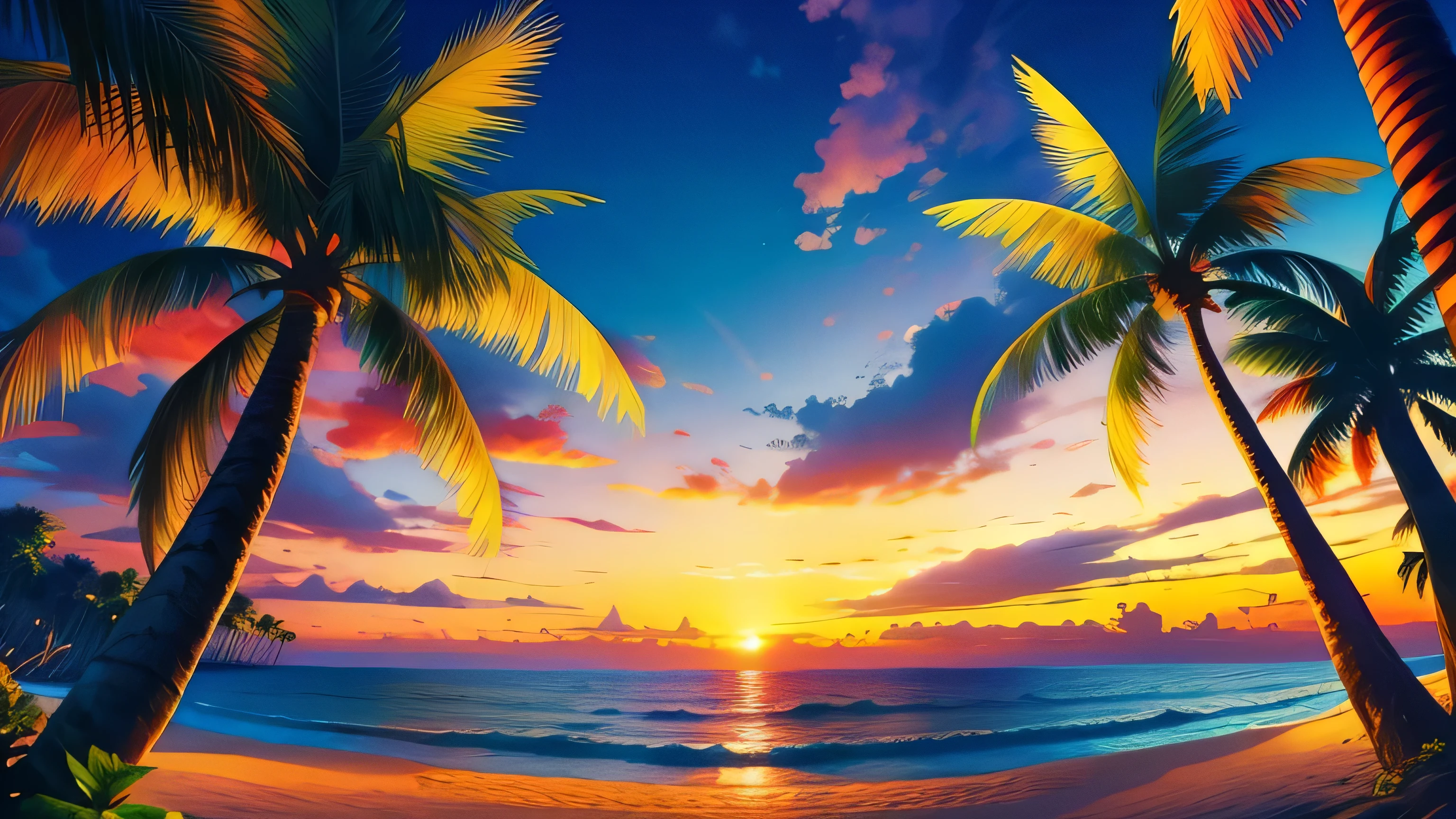 masterpiece, highest quality, Sunny beach, Vibrant tropical landscape with rolling palm trees, realistic, photo shoot, Sunny, twilight, Tropical Jungle, High resolution, flower, cinematic lighting