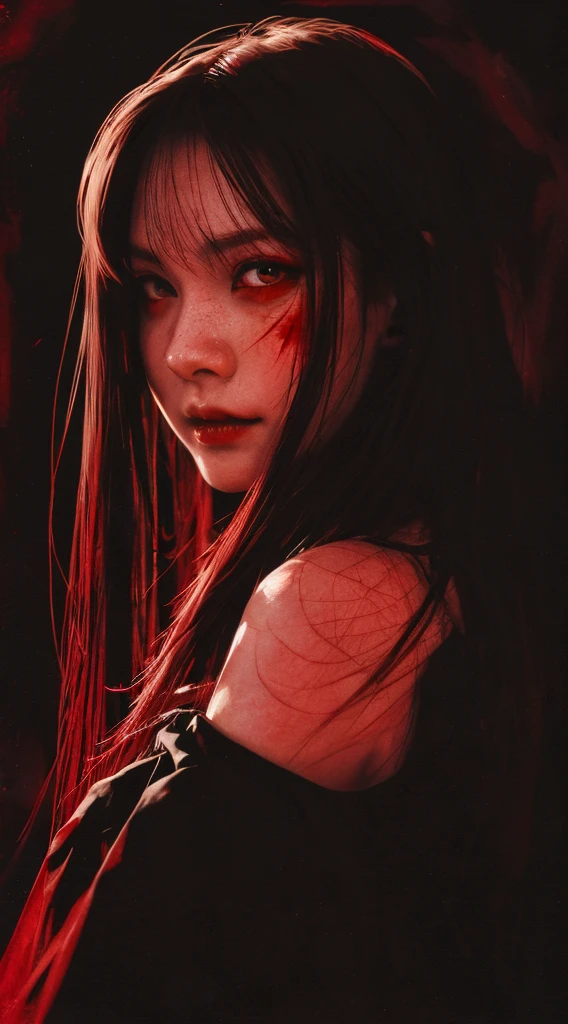 high quality, 最high quality, masterpiece, Beautiful woman, detailed portrait, upper body close-up, long hair, floating hair, Blood sky, Red Moon, red eyes, shining eyes,(black background:1.3), Blood,