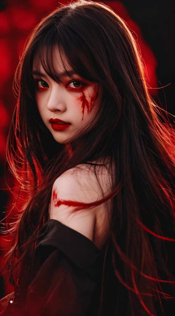 high quality, 最high quality, masterpiece, Beautiful woman, detailed portrait, upper body close-up, long hair, floating hair, Blood sky, Red Moon, red eyes, shining eyes,(black background:1.3), Blood,