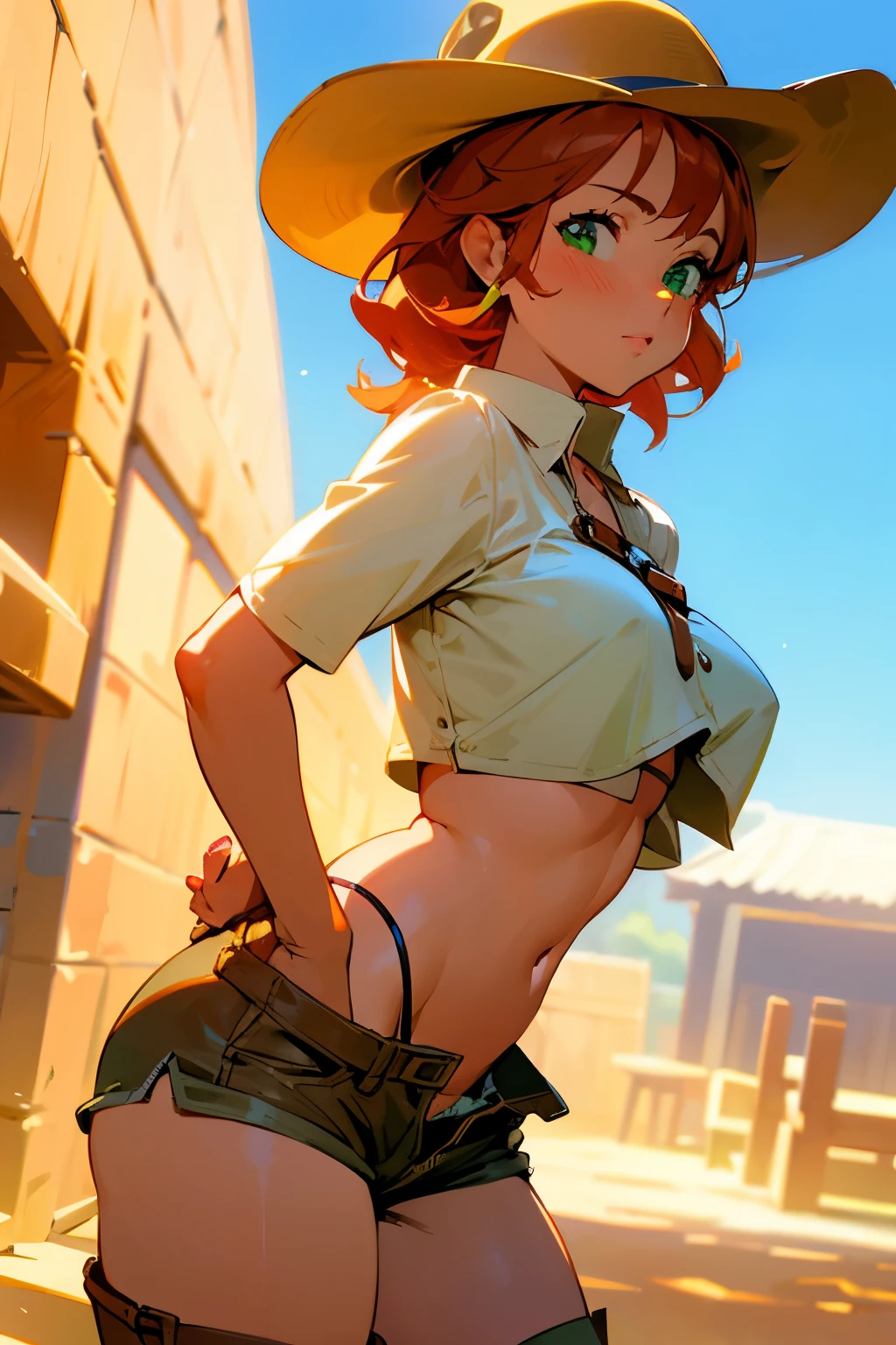 The prompt for Stable Diffusion is as follows:
"cowgirl, very big milky breasts, big milky breasts, ginger hair, tan color, green eyes, cowboy boots, bum shorts, small crop top, portraits, vivid colors, natural lighting"