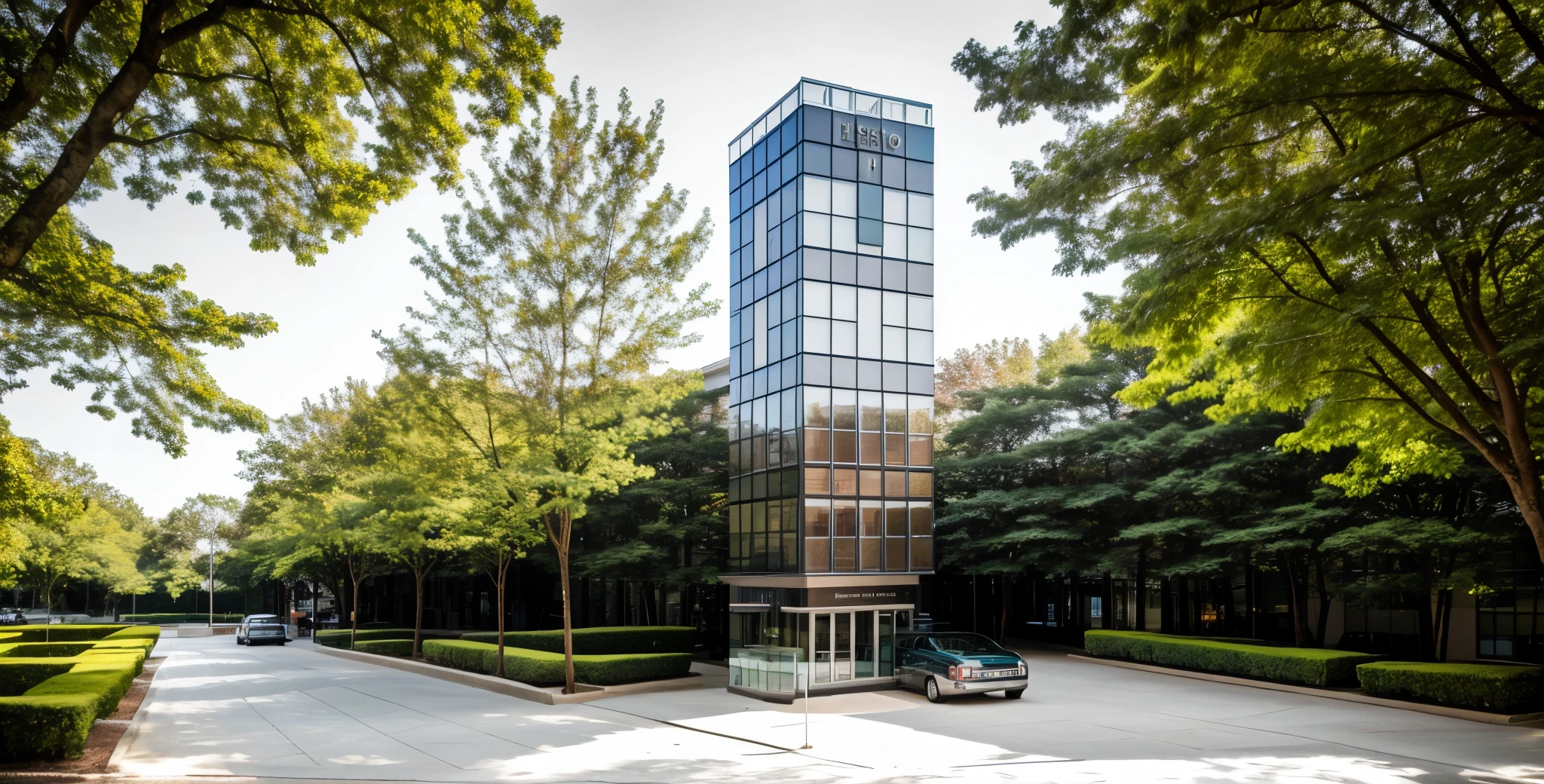 exterior of highrise hotel building, contemporary style, inspired of Norman Forster, glass with steel frame facade, 5 stars hotel design, beautiful landscape, stone pavement,cars, RAW photo, 8k uhd, dslr, soft lighting, high quality, film grain, Fujifilm XT3,masterpiece,