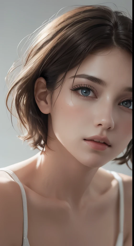 8k uhd、RAWphotograph、モデルphotograph撮影、Russian Race, European race, (masterpiece, highest quality, photorealistic, High resolution, photograph: 1.3), Close-up, Focusing, hot models, slim, 30 year old mature woman、small face、short cut hair、dark brown hair、Detailed beautiful eyes、realな肌, (perfect body), Sexy hot face, erotic, sexual gaze, slim, Sweat top, Detailed beautiful eyes、glossy lips、small breasts、、bust B cup、((bright light、dynamic lighting、real、超real、 realism、realistic details、Cool Beauty、cool pose、background gray、Plain gray background