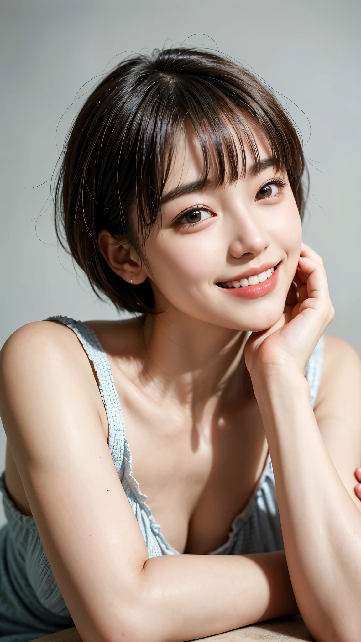 highest quality, masterpiece, ultra high resolution, (realistic:1.4), (portrait facing each other) Raw photo, 1 girl, 20-year-old,((K-POPアイドルコスチューム)),((very short hair)),((bangs, short hair, above the eyebrows)),((looking up at the viewer)),realistic,((Simple solid color background)), picture media chest)),((toothy smile)),