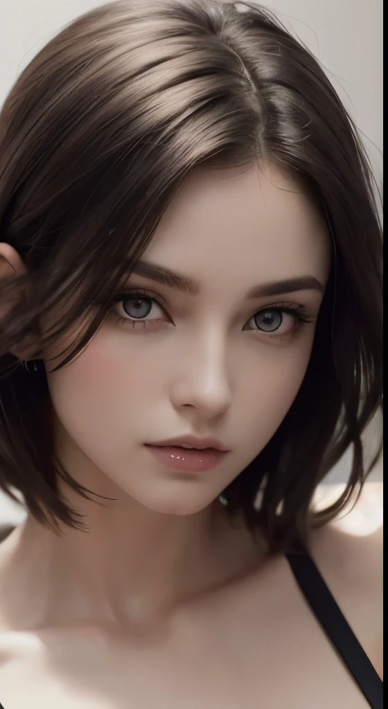 8k uhd、RAWphotograph、モデルphotograph撮影、Russian Race, European race, (masterpiece, highest quality, photorealistic, High resolution, photograph: 1.3), Close-up, Focusing, hot models, slim, 30 year old mature woman、small face、short cut hair、dark brown hair、Detailed beautiful eyes、realな肌, (perfect body), Sexy hot face, erotic, sexual gaze, slim, Sweat top, Detailed beautiful eyes、glossy lips、small breasts、、bust B cup、((bright light、dynamic lighting、real、超real、 realism、realistic details、Cool Beauty、cool pose、background gray、Plain gray background