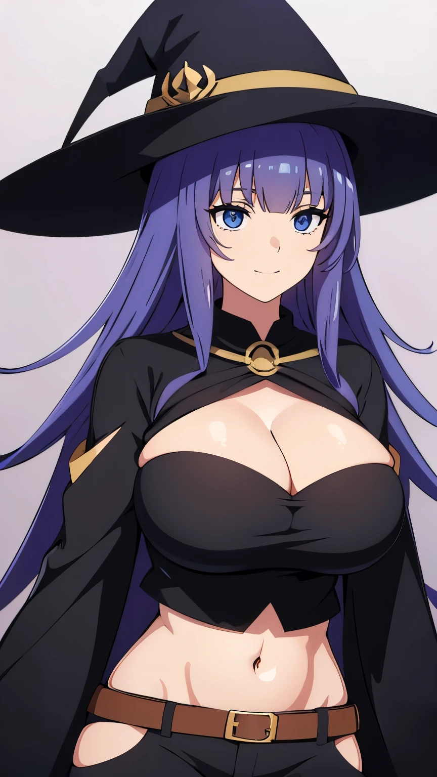 very huge , witch hat, emotionless, uniform, cleavage, crop top outfit, purple hair, closed mouth, smile, upperbody, long hair,  cleavage,