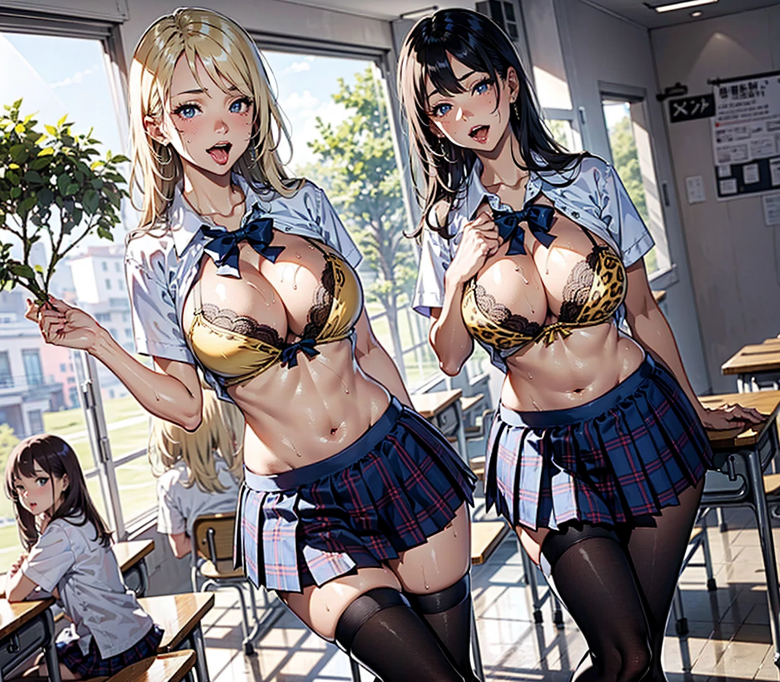 (Hyper-realistic), (a picture), (high resolution), (in 8K), (high detailed), (Best Illustration), (Beautiful detailed eyes), (Beautiful detailed face), (top-quality), (ultra-detailed), (Master masterpiece), (wall-paper), (Detailed face:1.4), drooping eyes, full of sweat, Full-body close-up, (blonde hair), (shag hairstyle:1.1), (4girls), (multiple girls), (skinny thigh), (Sweat), (Shiny skin), (a detailed eye, thin cheeks, shinny skin, shiny lip, lighting on the face), (standing:1.0), Cameltoe, (huge breasts:1.2), (cleavage), (skinny thigh), (slim waist), (smile), (school uniform), (crop top), (microskirt:1.2), (black thighhighs), (plaid), (school), (in class room:1.2), (clipboard:1.1), (panties), (open clothes), (gyaru), (lace-trimmed bra), (leopard print), (dark skin:1.2), (open mouth), (tongue out:1.25)