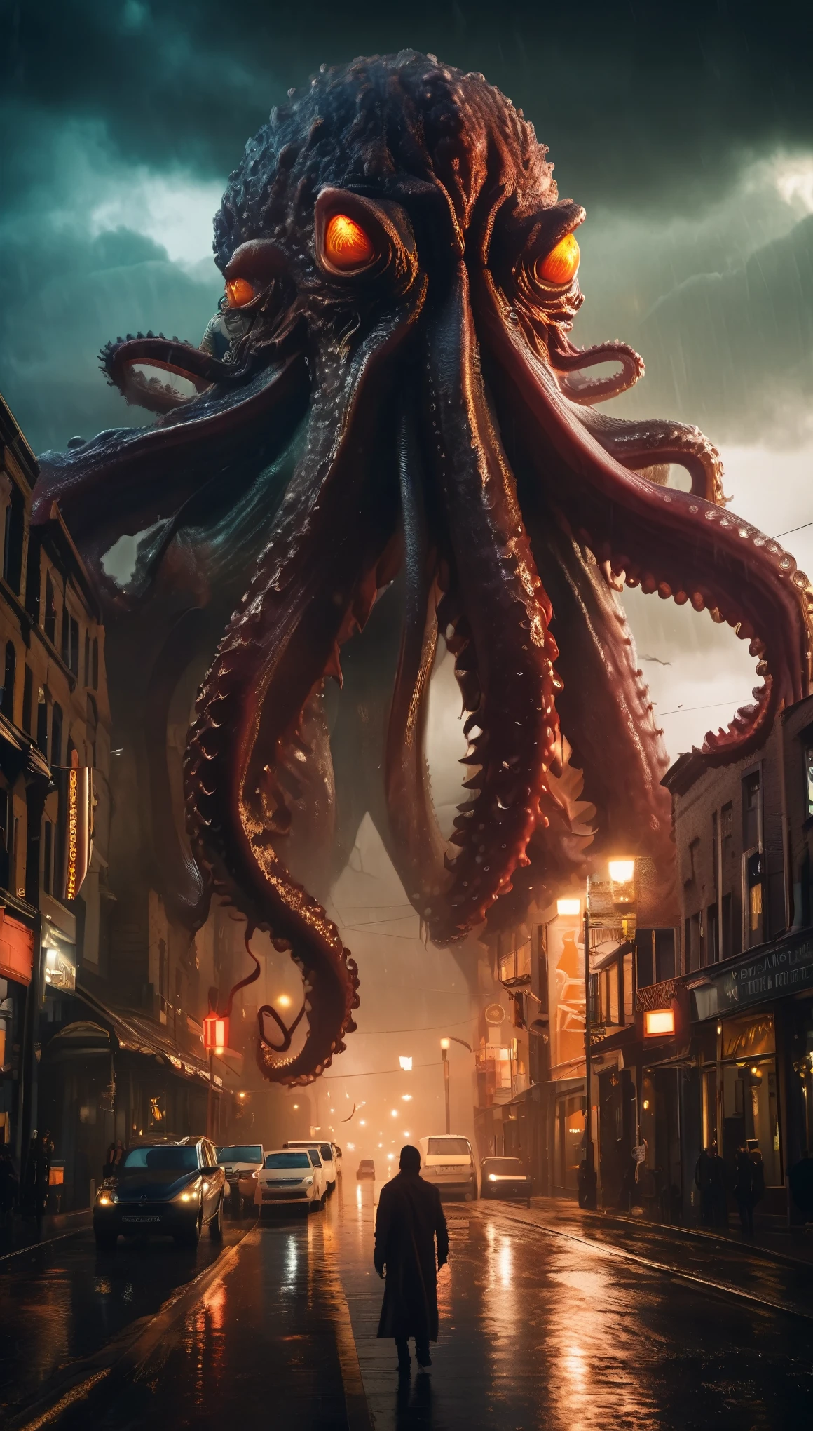 ((masterpiece, RAW photo, best quality, 8k, detailed)), highly detailed, HD photo, hasselblad, cinematic, frontal shot, closeup, cthulhu, towering above a city, intricate details:1.5, wings, tentacles ,monstrous , abomination, elder god, demon, storm, rain, squid, octopus,mountains in background, lightning, horrific, horror, scary, terrifying,