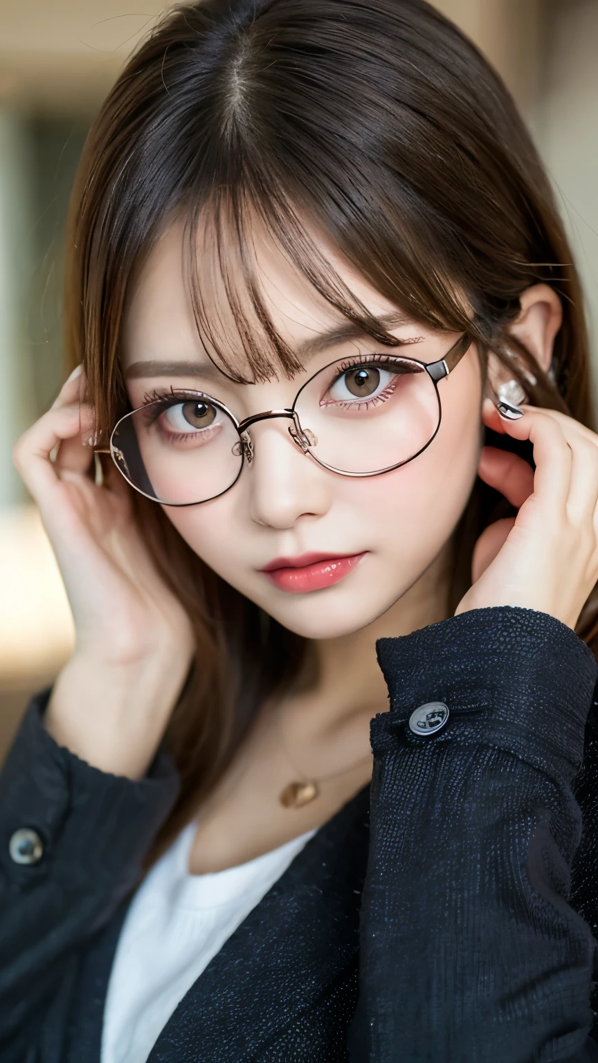 (masterpiece, highest quality, highest quality, )(8K,real photo,Raw photo)detailed face,detailed eyes,cute face,gal makeup,((glasses)),sexy pose,sexy outfit,looking at the camera
