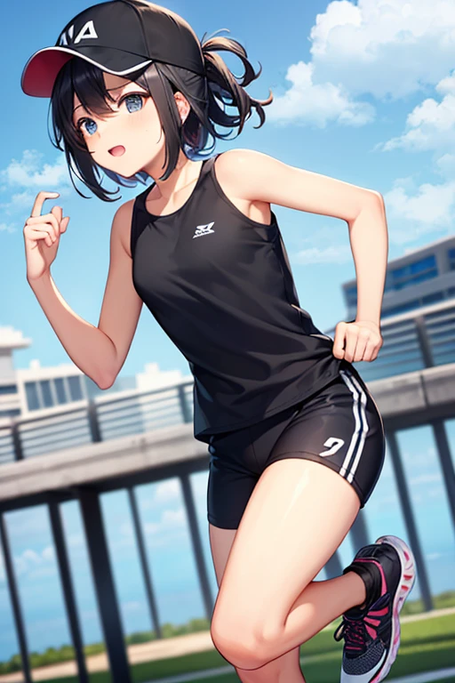 highest quality, running wear, sports cap, running shoes, Short black hair
