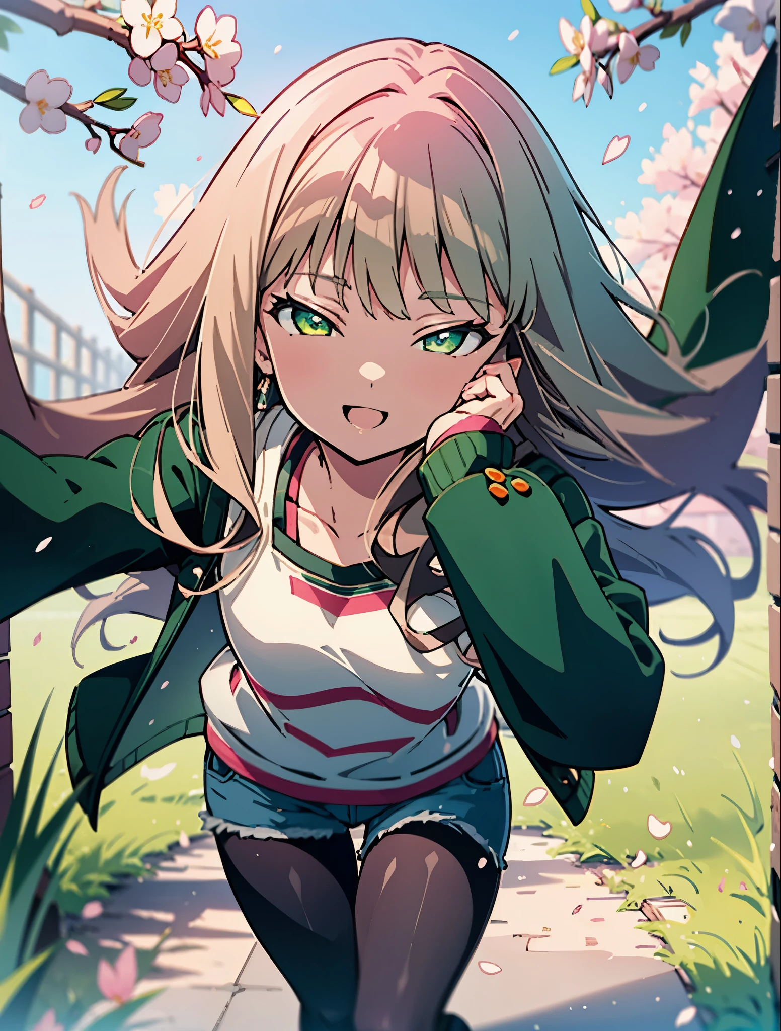 Yume minami ,South　Dream buds, long hair, brown hair, (Green eyes:1.5) (medium chest:1.2),happy smile, smile, open your mouth,White short sleeve hoodie,Both hands are in the pockets of the hoodie,short denim pants,black pantyhose,short boots,cherry blossoms are blooming,Cherry blossoms are scattered,Cherry blossom tree-lined path,
break looking at viewer,whole body,(cowboy shot:1. 5)
break outdoors, garden,
break (masterpiece:1.2), highest quality, High resolution, unity 8k wallpaper, (figure:0.8), (detailed and beautiful eyes:1.6), highly detailed face, perfect lighting, Very detailed CG, (perfect hands, perfect anatomy),
