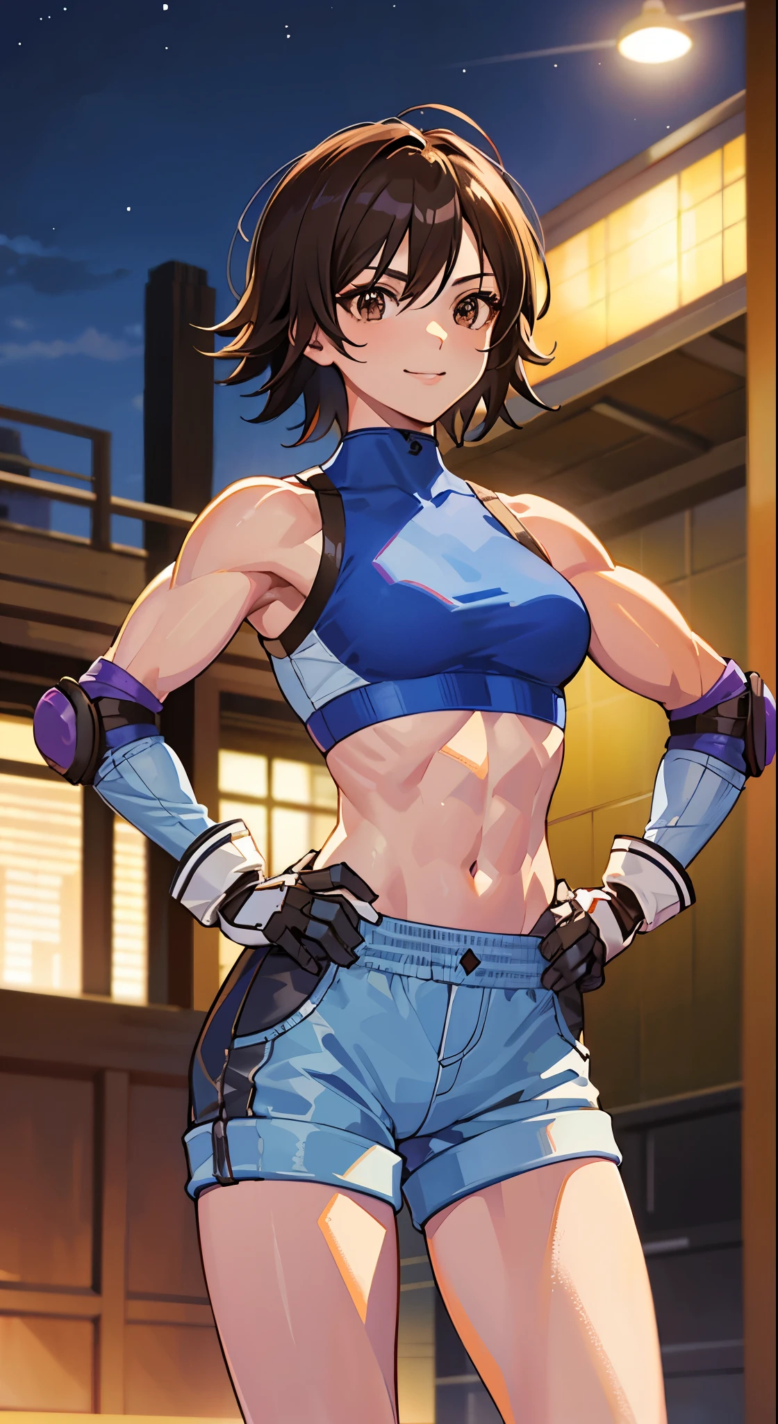 "(masterpiece、premium quality:1.2)、alone、1 girl(Asuka Kazama、muscular woman、short brown hair、white skin、brown eyes)、cowboy shot、smile、put your hands on your hips、tight clothes、good for sports、crop top、shorts、(gloves:1.1)、internal、elbow pad、abdomen、trained abdominal muscles、trained biceps、(group of buildings:1.2)、night view