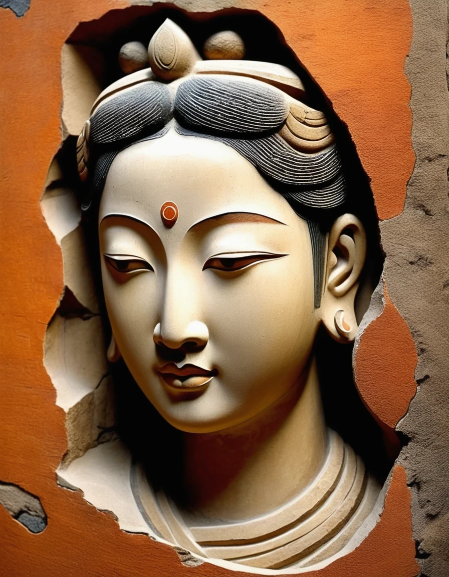 A Chinese girl's head sculpture in a broken irregular stone,Ancient rhyme four colors(black、orange、Brown、Ash),Mottled and rustic、Rough outside and fine inside、Looks dirty but is actually clean,Internal carving,Broken Rock,,old,irregular,Stone splicing,Rock background , Rock statues, by Li Mei-shu, beautiful depiction, Mysterious Ceramic Statue, centered portrait, Dunhuang art,