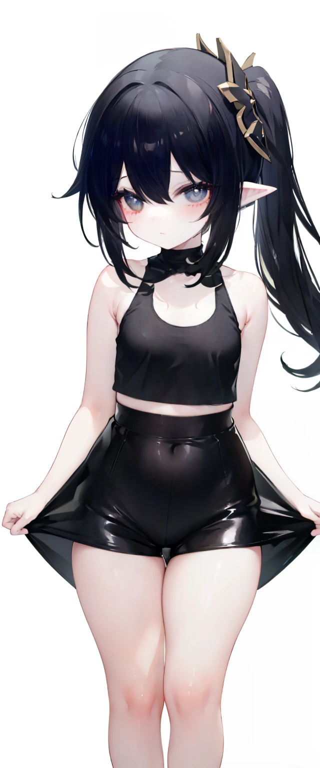 ,child,cute,black hair,thick thigh ,short leather pants,black mini camisole, thick thighs,flat chest,black color tank top,black mini camisole,crop top, Nahida, ,child,flat chest,fullbody, thick thighs, blushing,lolild, standing straight, head to toe capture on the frame,loli,,looes,baeet,, ,white background, cute,open abdomen,perfect body ratio, body ratio, white background, front facing, looking at viewer, ,, baby girl