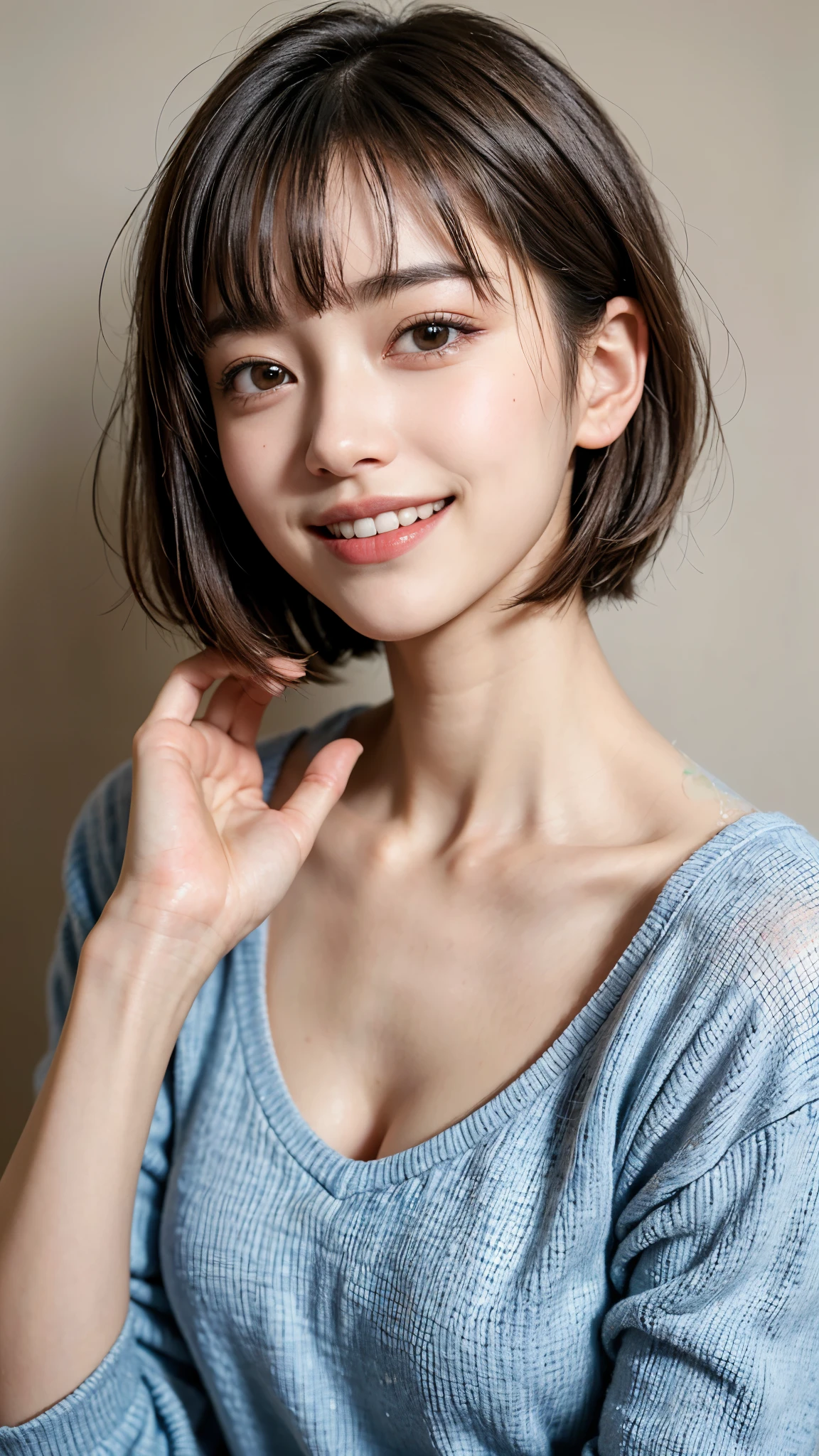 highest quality, masterpiece, ultra high resolution, (realistic:1.4), (portrait facing each other) Raw photo, 1 girl, 20-year-old,((K-POPアイドルコスチューム)),((very short hair)),((bangs, short hair, above the eyebrows)),((looking up at the viewer)),realistic,((Simple solid color background)), picture media chest)),((toothy smile)),