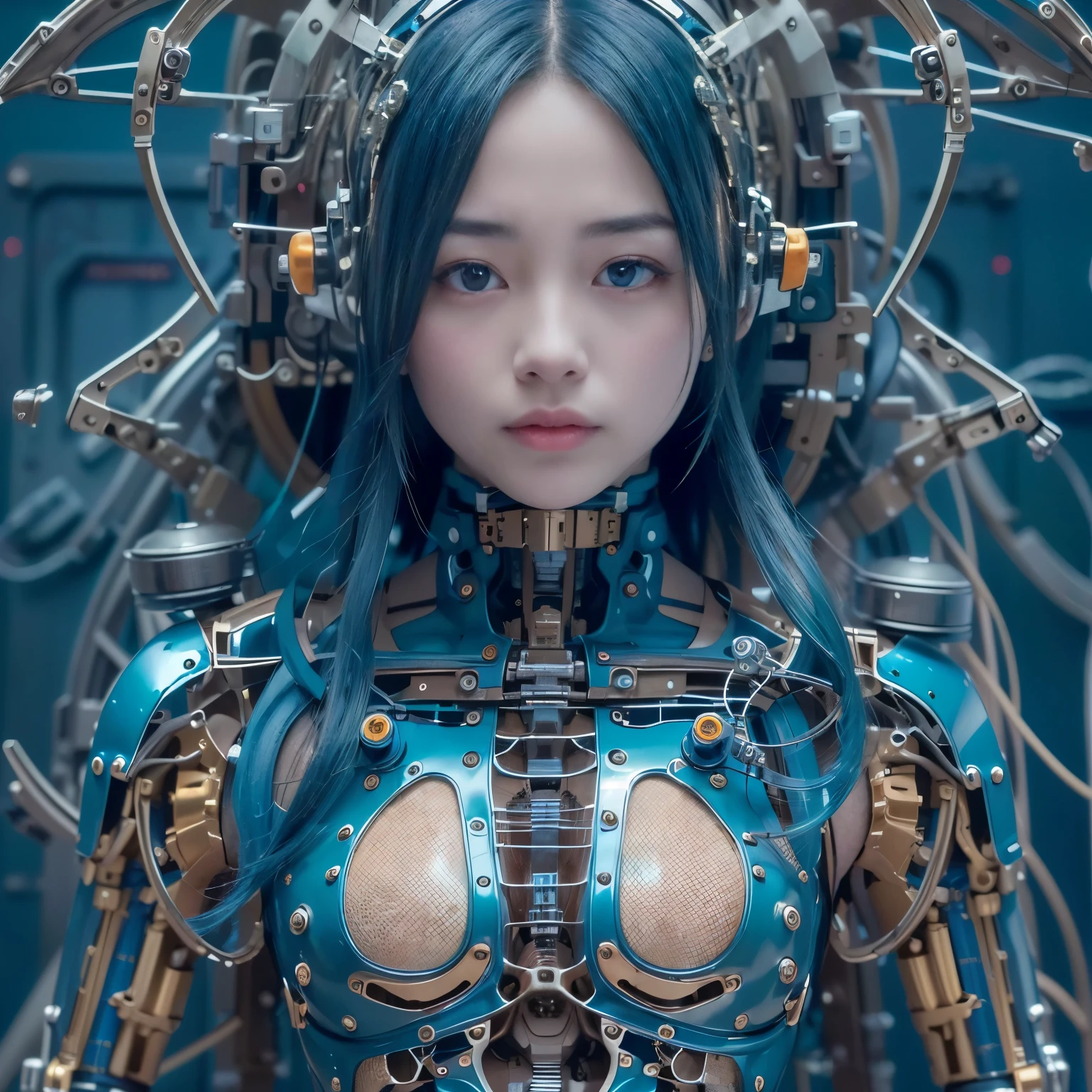 (best quality:1.2), 8k, highres, octan render, (masterpiece), extremely ultra detail, cyborgized Japanese woman, extremely ultra cute face, , skinny body, flat chest, (blue metallic mechanical frame:1.5), (Power cables connected throughout the body), detaile up, Instead of hair, there are cables growing out of it, mechanical fusion, mechanical skeleton, bio mechanics, mechanical life-form, highly intricate detail, extremely ultra real texture, human-like skin, realistic hair, ultra realistic details, professional lighting, (realistic:1.4), (RAW photo:1.2), (photorealistic:1.5)