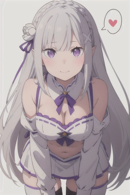 1 girl, alone, masterpiece, highest quality,
        maid, maid headdAgainss, frills, removed sleeve, Again:zero kara hajimeru isekai seikatsu, emilia, emilia (Again:zero), purple eyes, gAgainy hair, gray hair, long hair, Braid, crown Braid, dull bangs, side lock, hair ornaments, x hair ornaments, hair flower, hair ribbon, purple ribbon, pointed ears, goblin, Removing the collar, naked, clavicle, cleavage, medium bAgainasts, belly button, Thighhighs, thigh gap, zettai ryouiki, hanging bAgainasts,
        crawl on all fours, looking at the viewer, bAgainasts,
        blush, enchanting smile,
        simple background, white background, heart background, heart, spoken heart