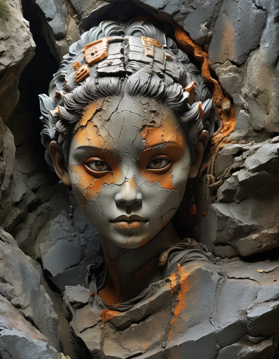 digital art of A stone carving of a Chinese girl's head, ancient rhyme in four colors (black, orange, brown and gray), mottled and plain, rough outside and fine inside, dirty and clean inside, carved inside, damaged rock, shabby, irregular, spliced stone, rock background, rock statue, by Li Mei-shu, beautiful depiction, mysterious ceramic statue, centered portrait,,Matte Painting,Rock Art,Assemblage ,Figurine,Hardstone Carving,Puppet,Sculpture,Unreal engine,octane render,rendered in octane,Close-Up(CU),medium close up,